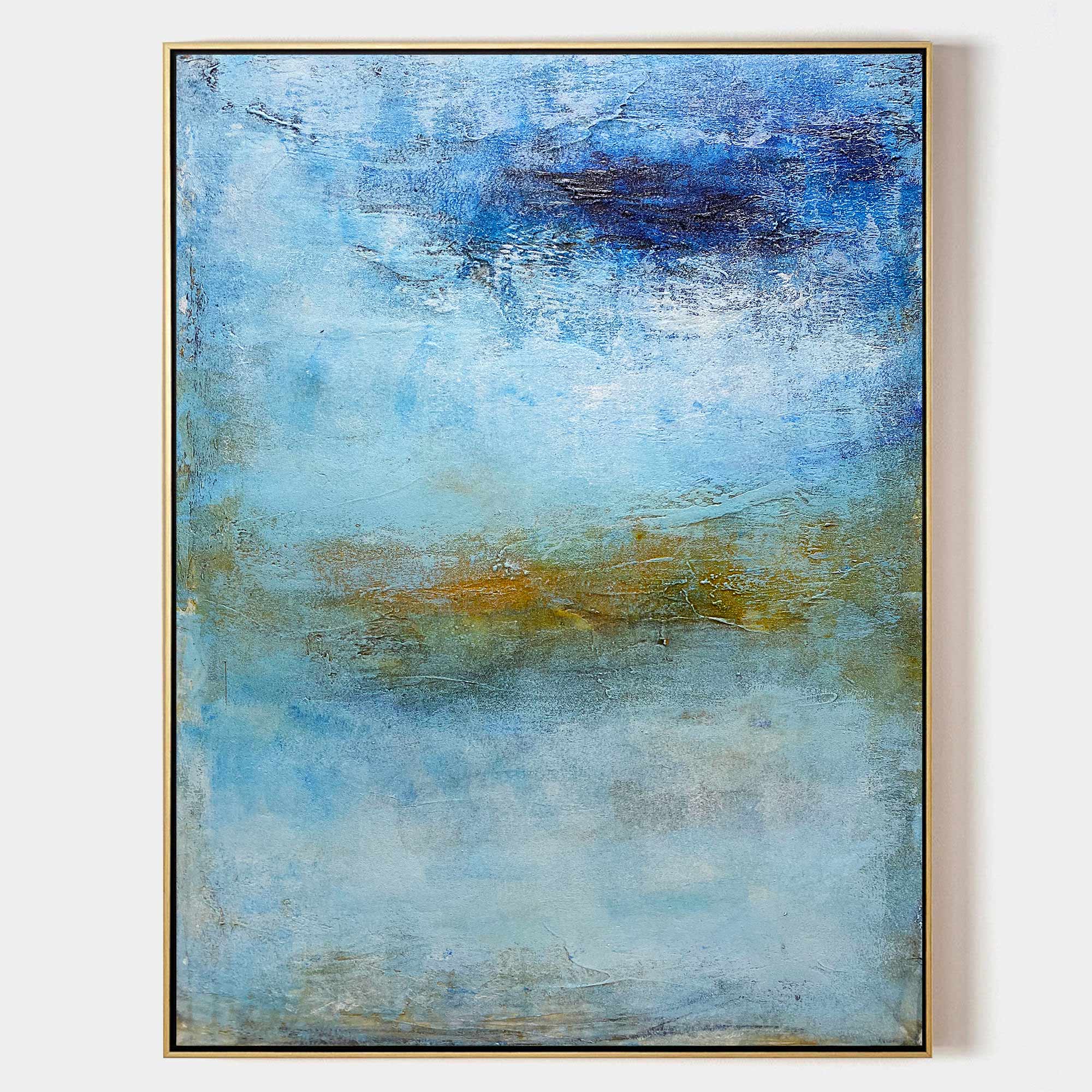 Seascape Blue Gold White Coastal Abstract Oil Painting on Linen Canvas