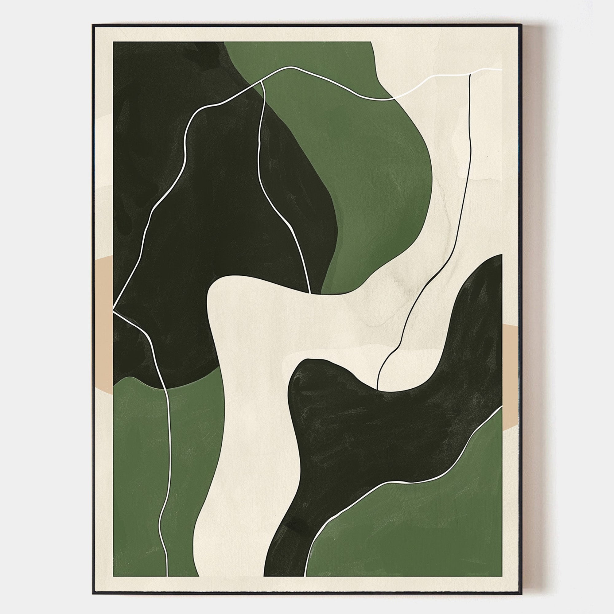 Green‑Beige‑Black Curved Contour Abstract  Layered Impasto Textured Artwork