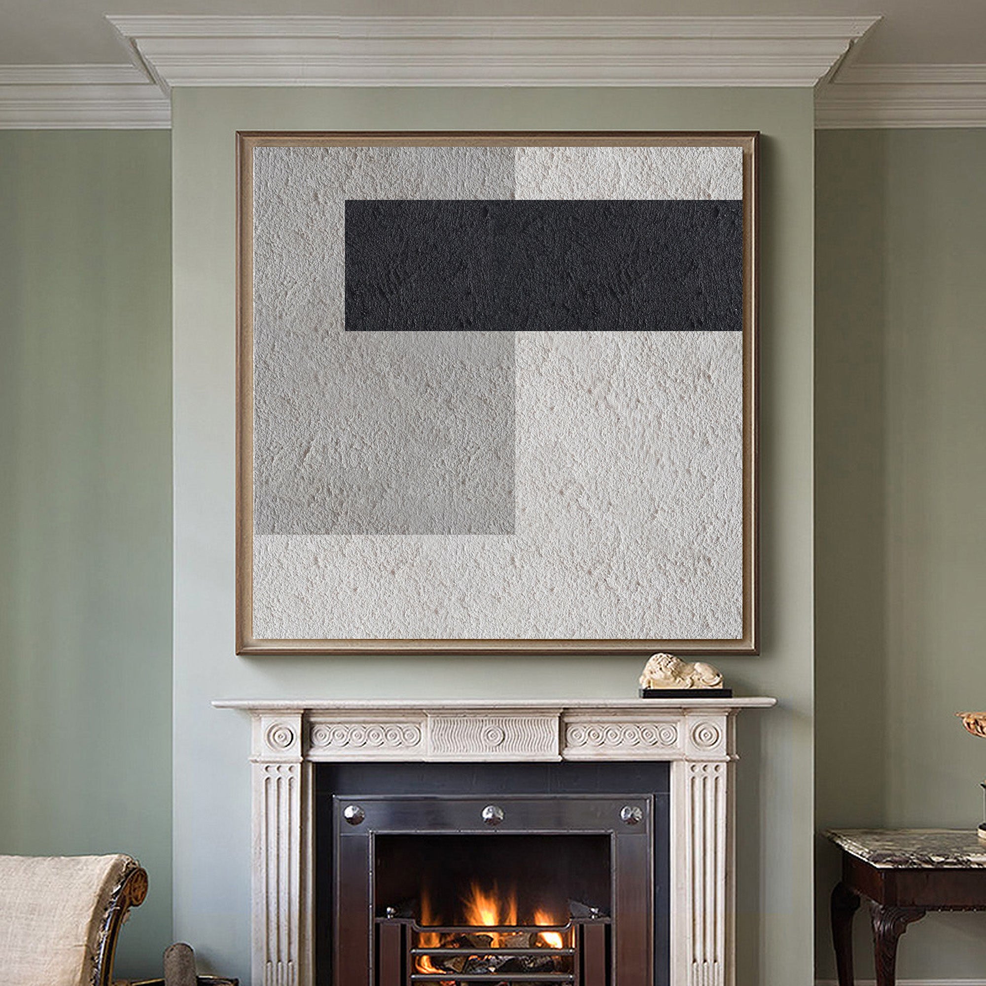 Black‑Grey‑Beige Square Geometric Block‑Segment Contrast‑Textured Artwork