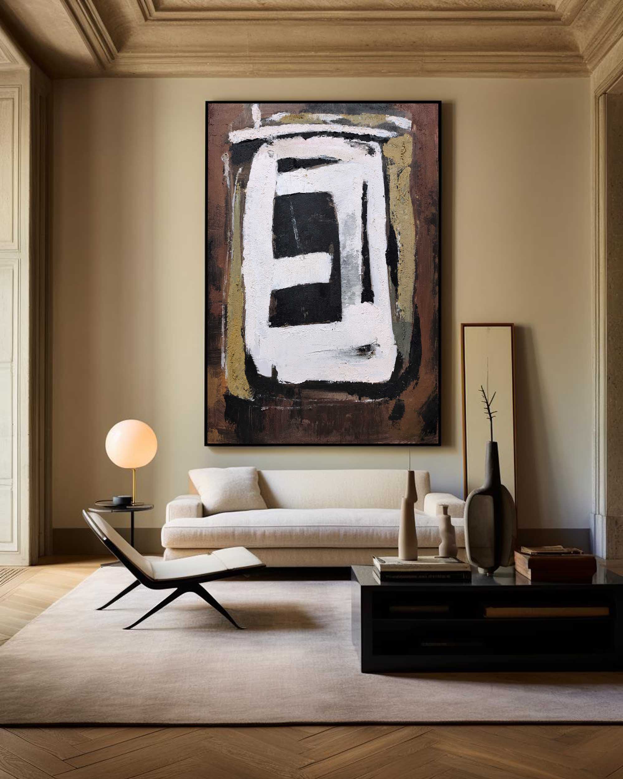 Abstract Black White Beige Geometric Oil Painting