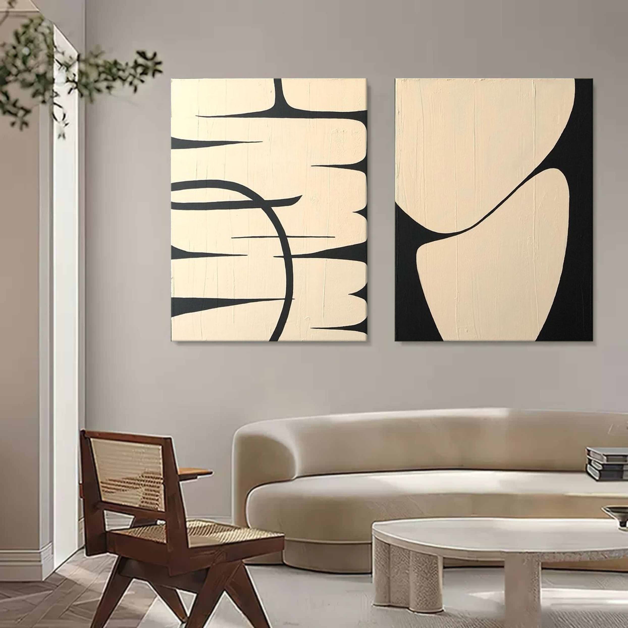 Wall Art Beige Black Curved Line Abstract Diptych