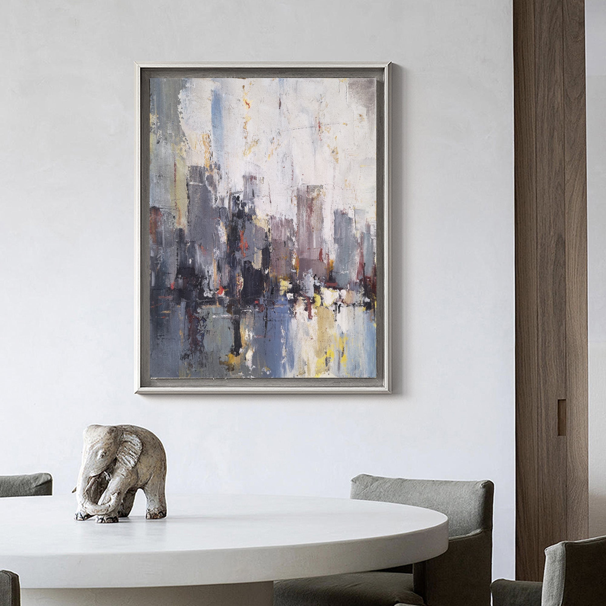 Grey‑Purple Square Urban Cityscape Impasto Textured Artwork
