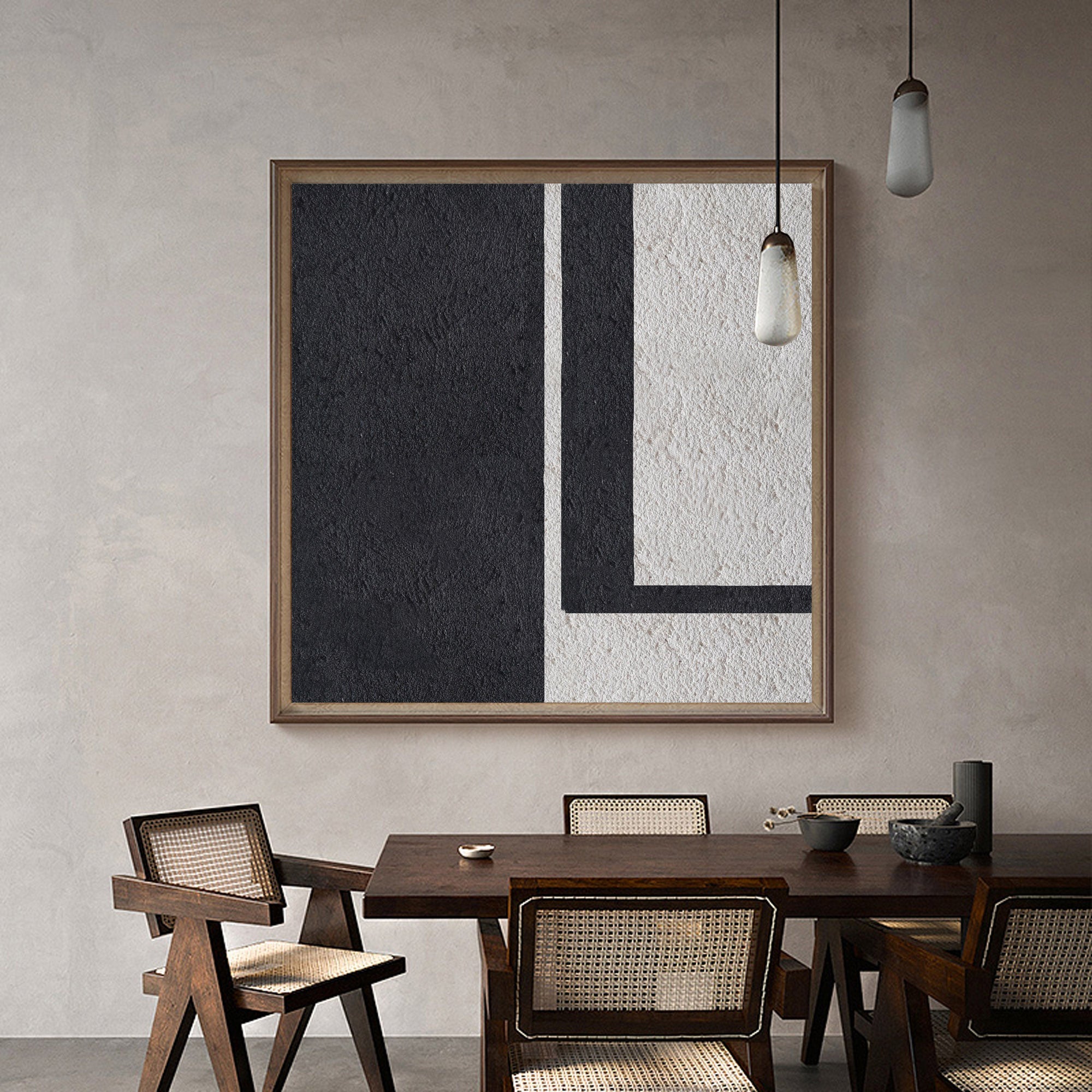 Black‑Off‑White Square Geometric L‑Shape Block Coarse‑Textured Artwork