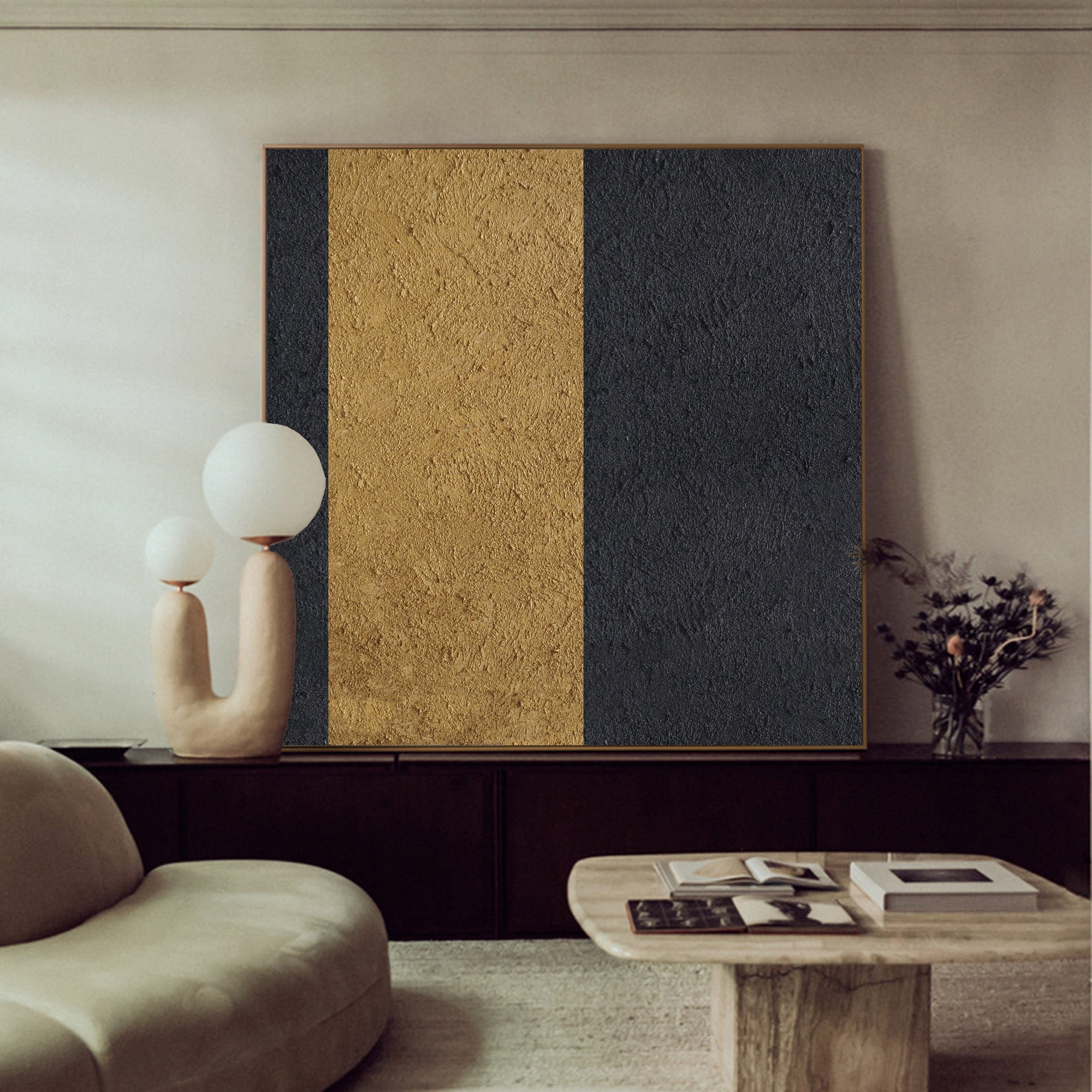 Black‑Gold Square Split‑Block Symmetrical Heavy‑Rugged‑Textured Artwork