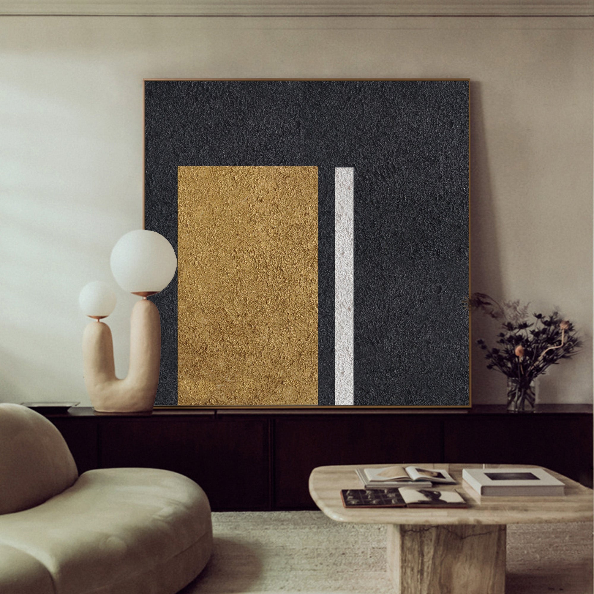 Black‑Gold‑White Square Stacked‑Rectangle Block Coarse‑Textured Artwork