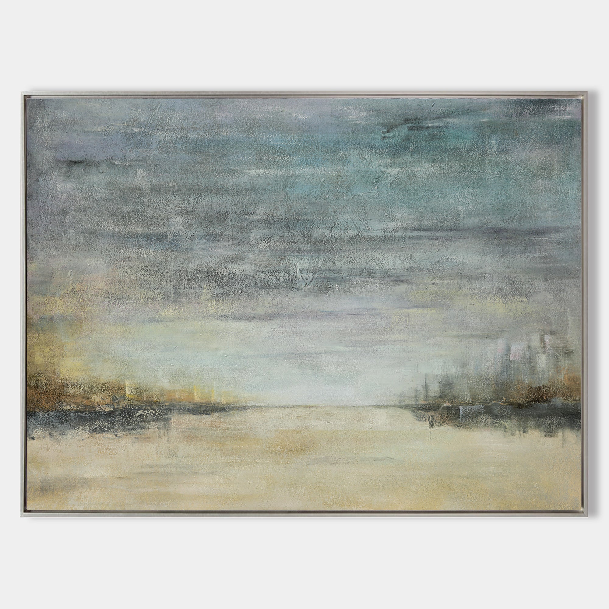 Teal‑Beige‑Gold Horizontal Abstract Coastal Seascape Textured Artwork