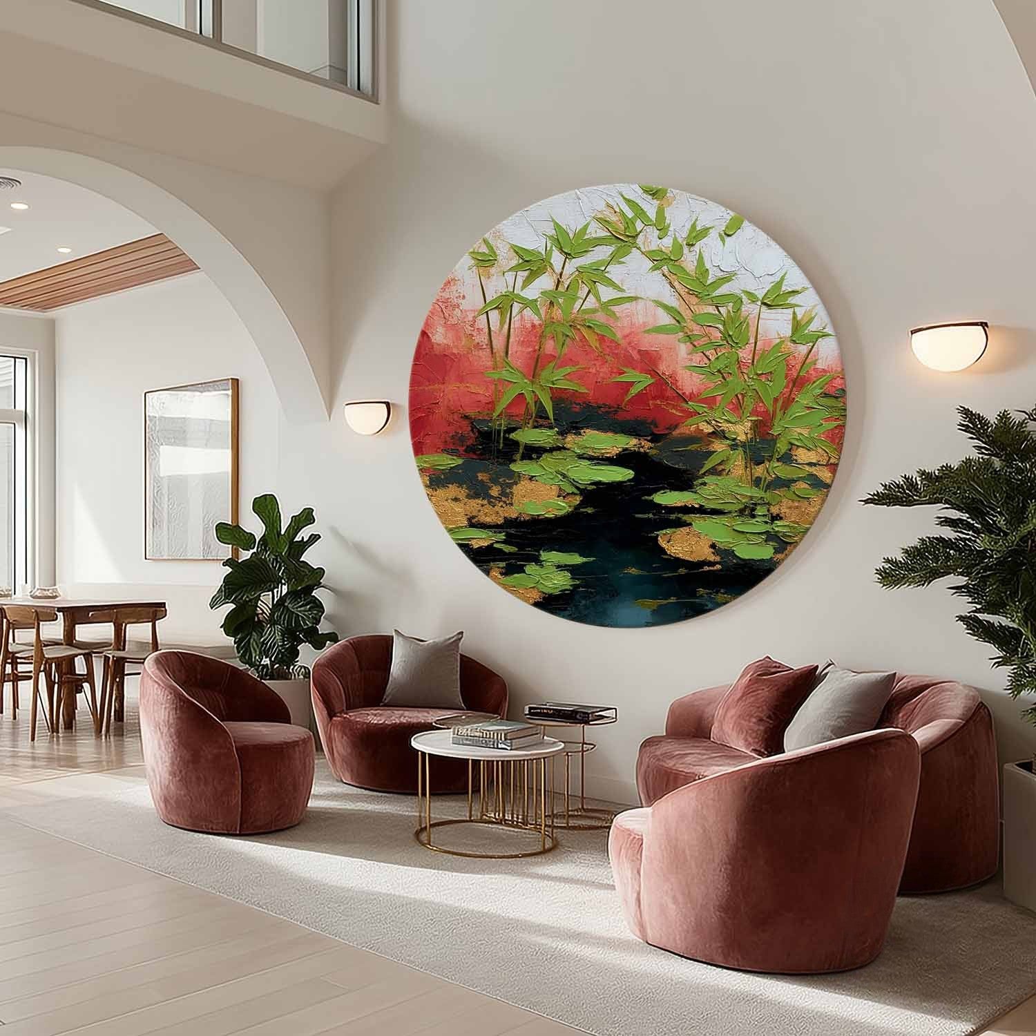 Wall Art Round Bamboo Lotus Leaf Red