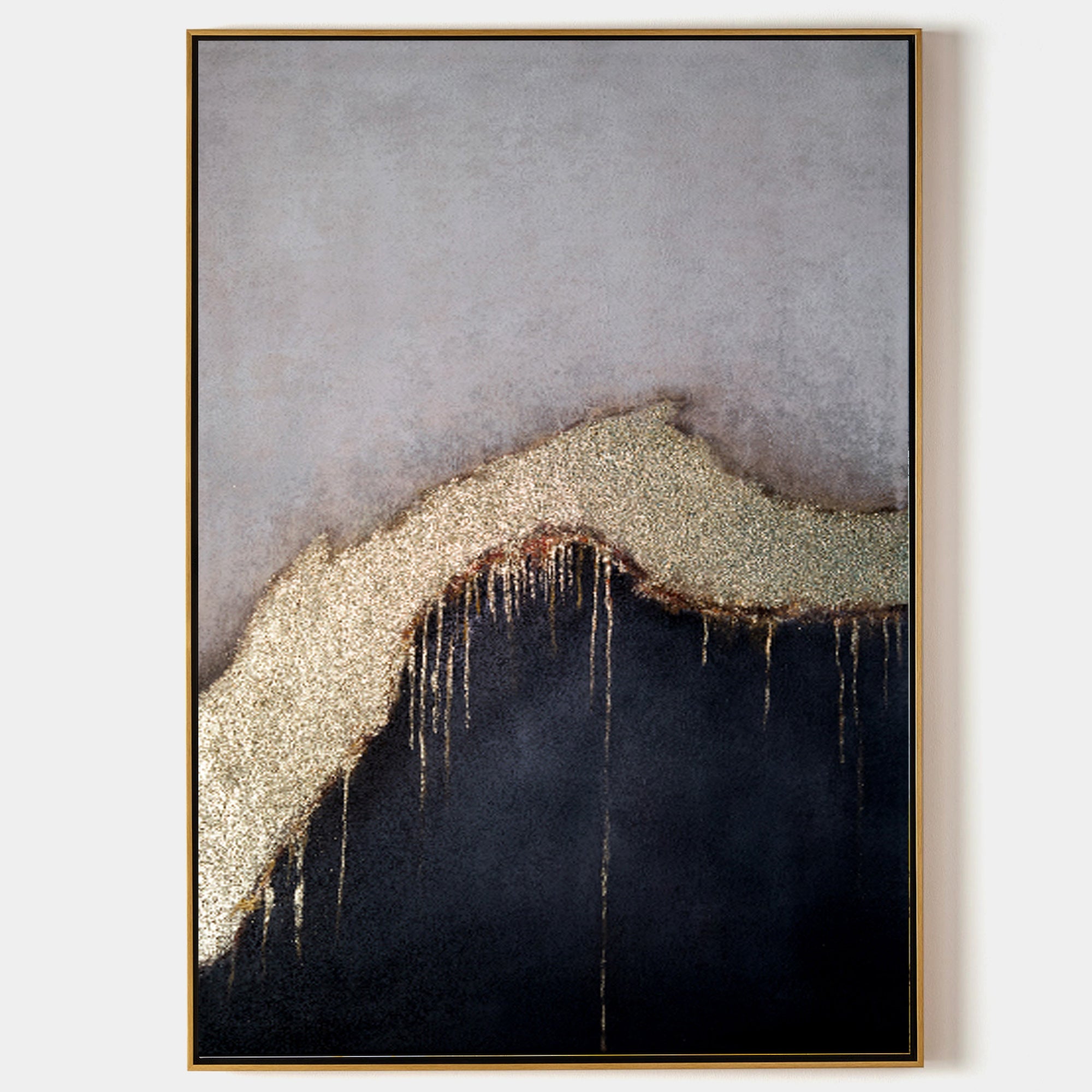 Grey‑Black Vertical Gold‑Drip Metallic Abstract Textured Artwork