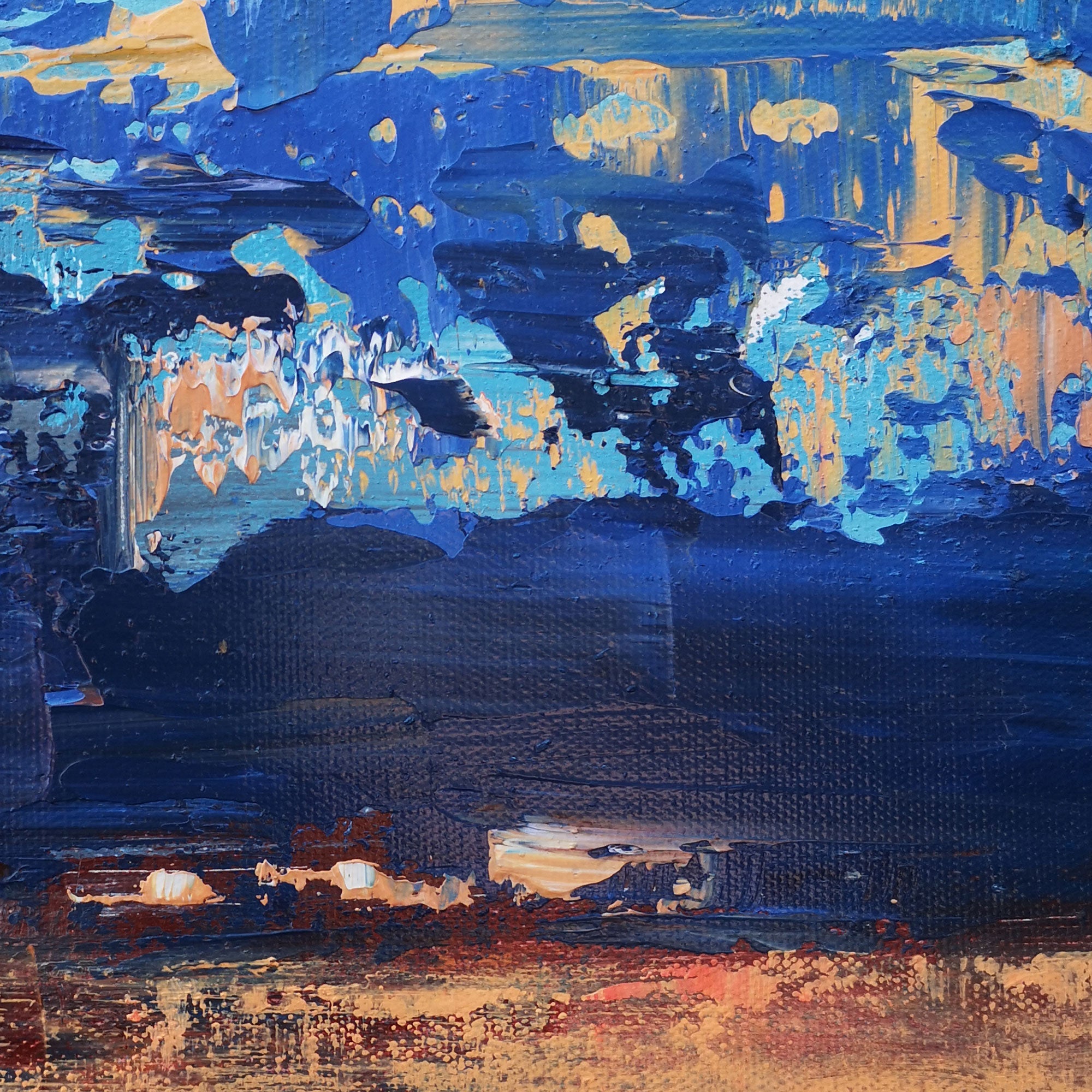 Blue‑Orange‑Gold Vertical Abstract Horizon Impasto‑Textured Artwork