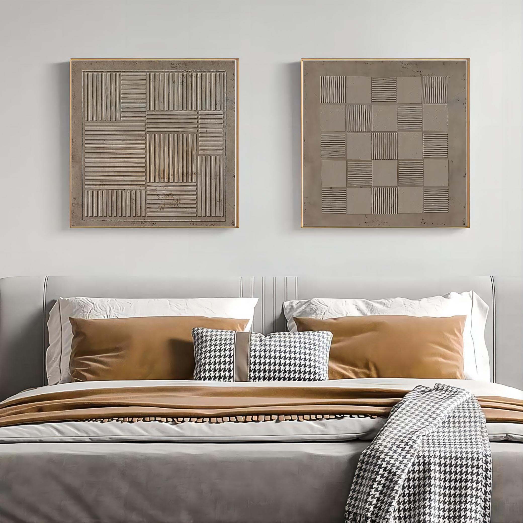 Wall Art Taupe Geometric Grid Checkerboard