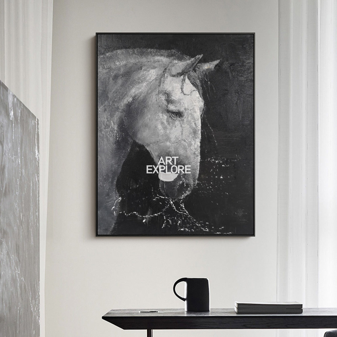 Black White Horse Portrait Canvas Wall Art