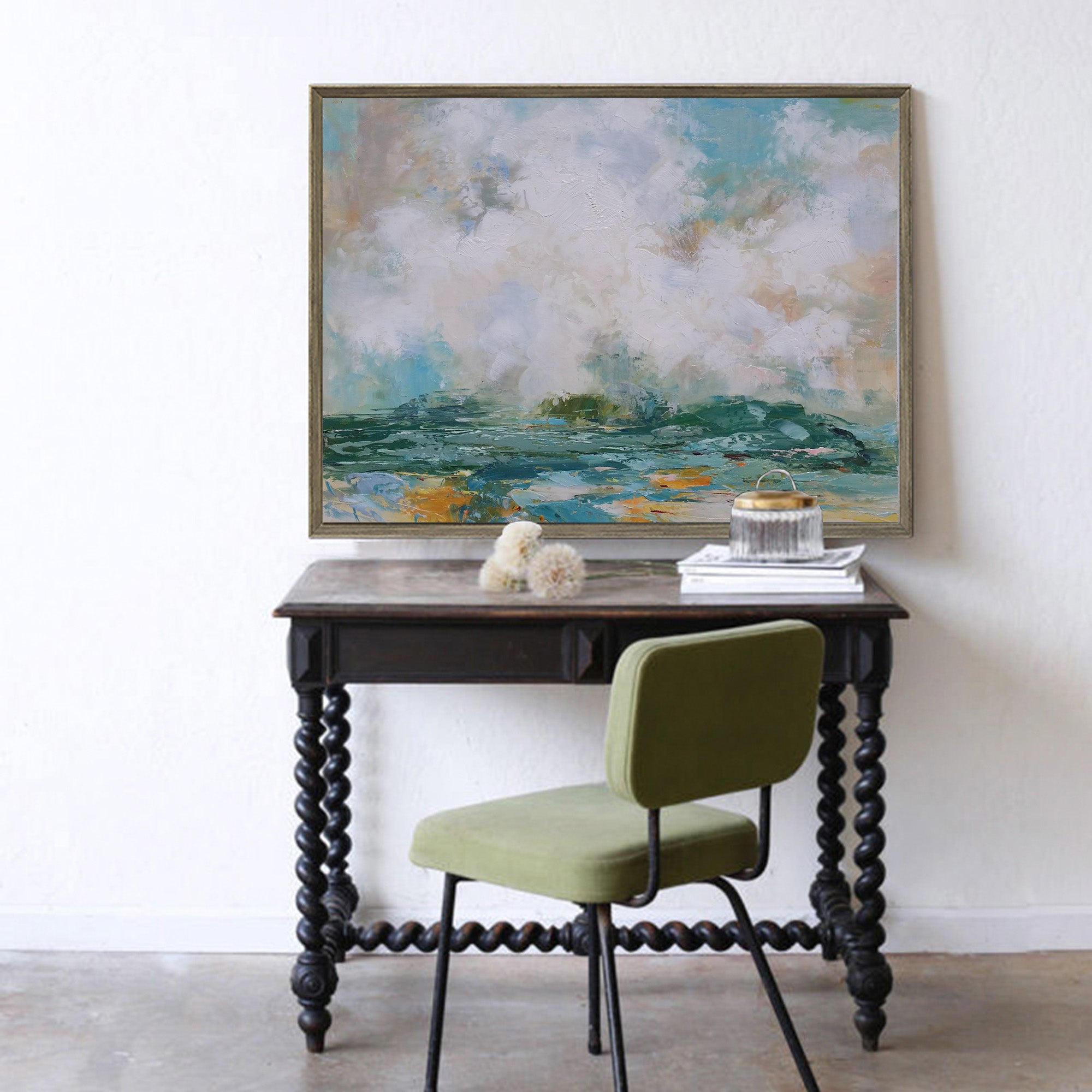 Teal‑White Horizontal Ocean‑Coast Impasto Textured Artwork