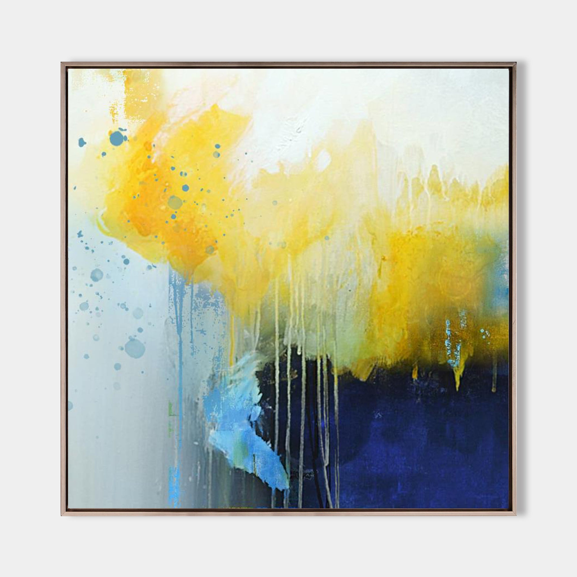 Yellow‑Deep‑Blue Square Fluid‑Wash Dripping Abstract Textured Artwork