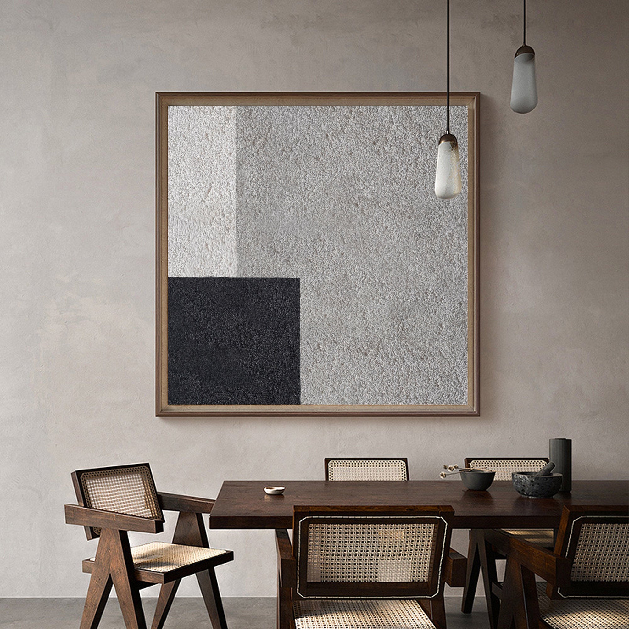 Grey‑Black‑Beige Square Geometric Offset‑Block Coarse‑Textured Artwork