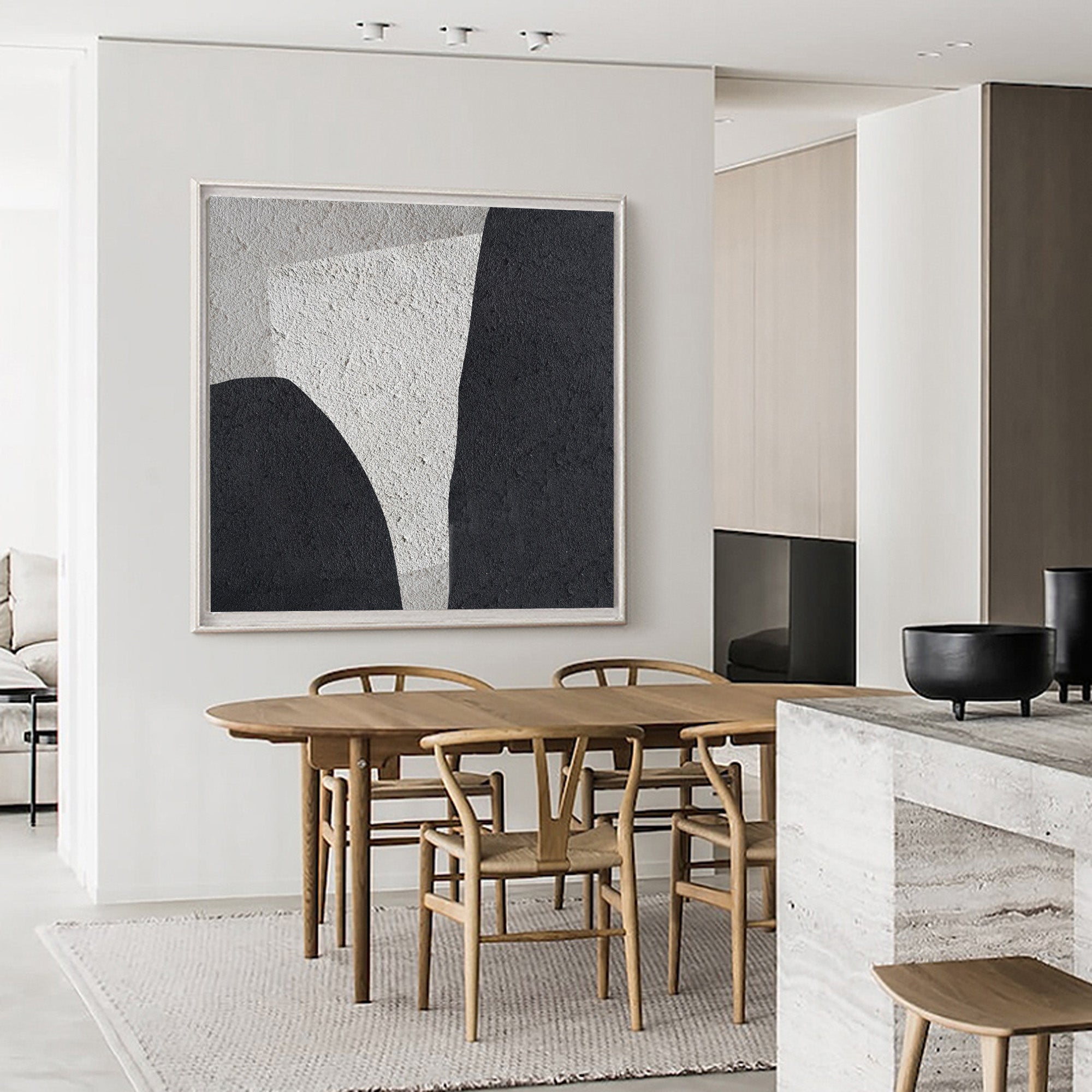 Black‑Off‑White Square Geometric Layered‑Curve Coarse‑Textured Artwork