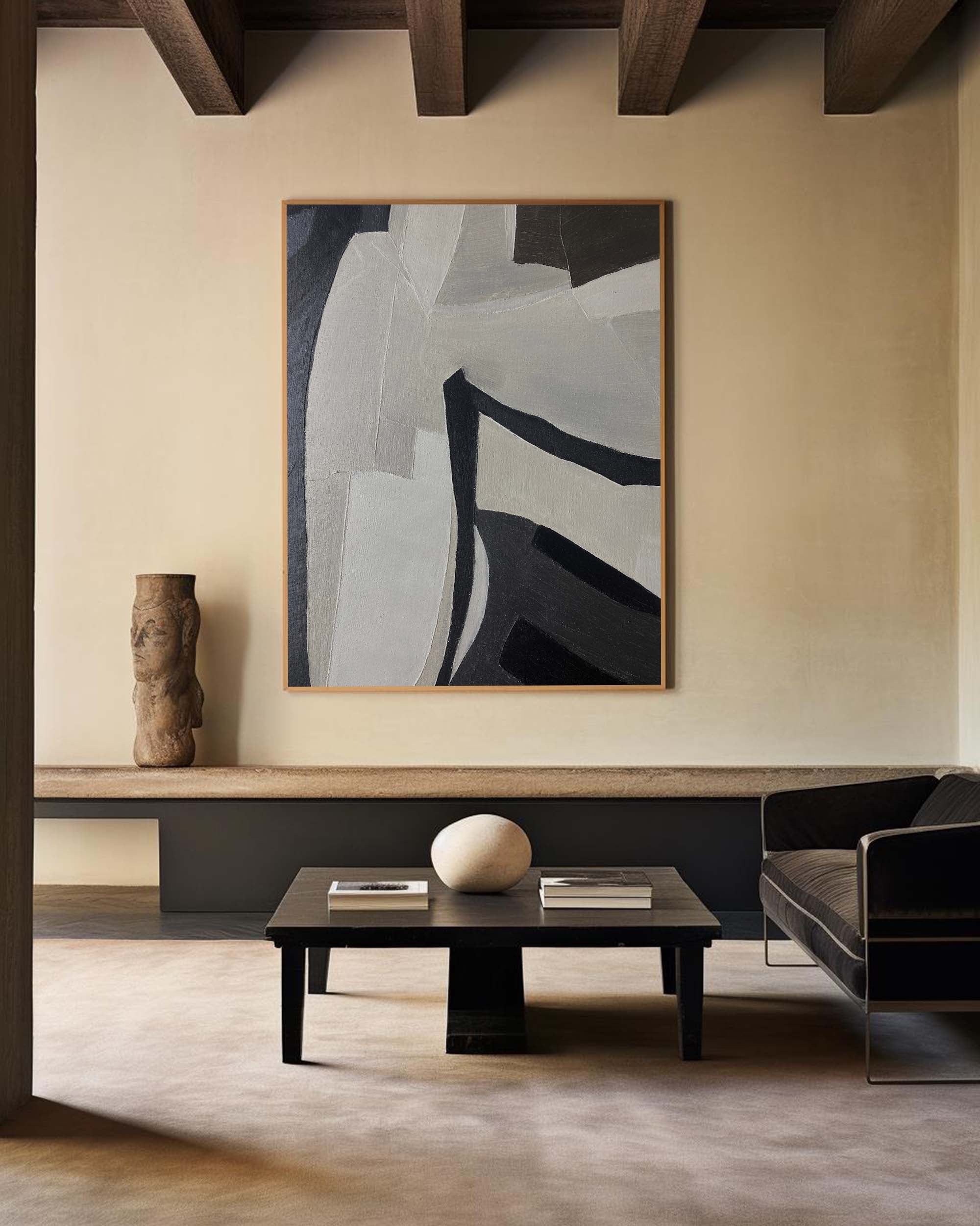 Black‑Grey‑Off‑White Vertical Curved‑Block Textured Artwork