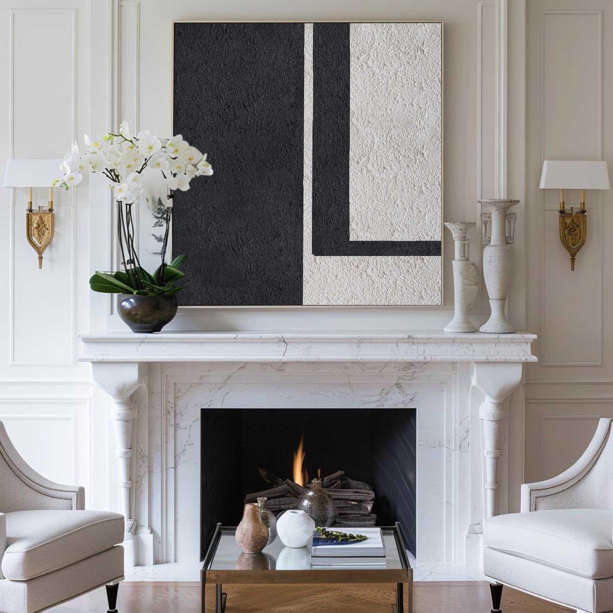 Black‑Off‑White Square Geometric L‑Shape Block Coarse‑Textured Artwork