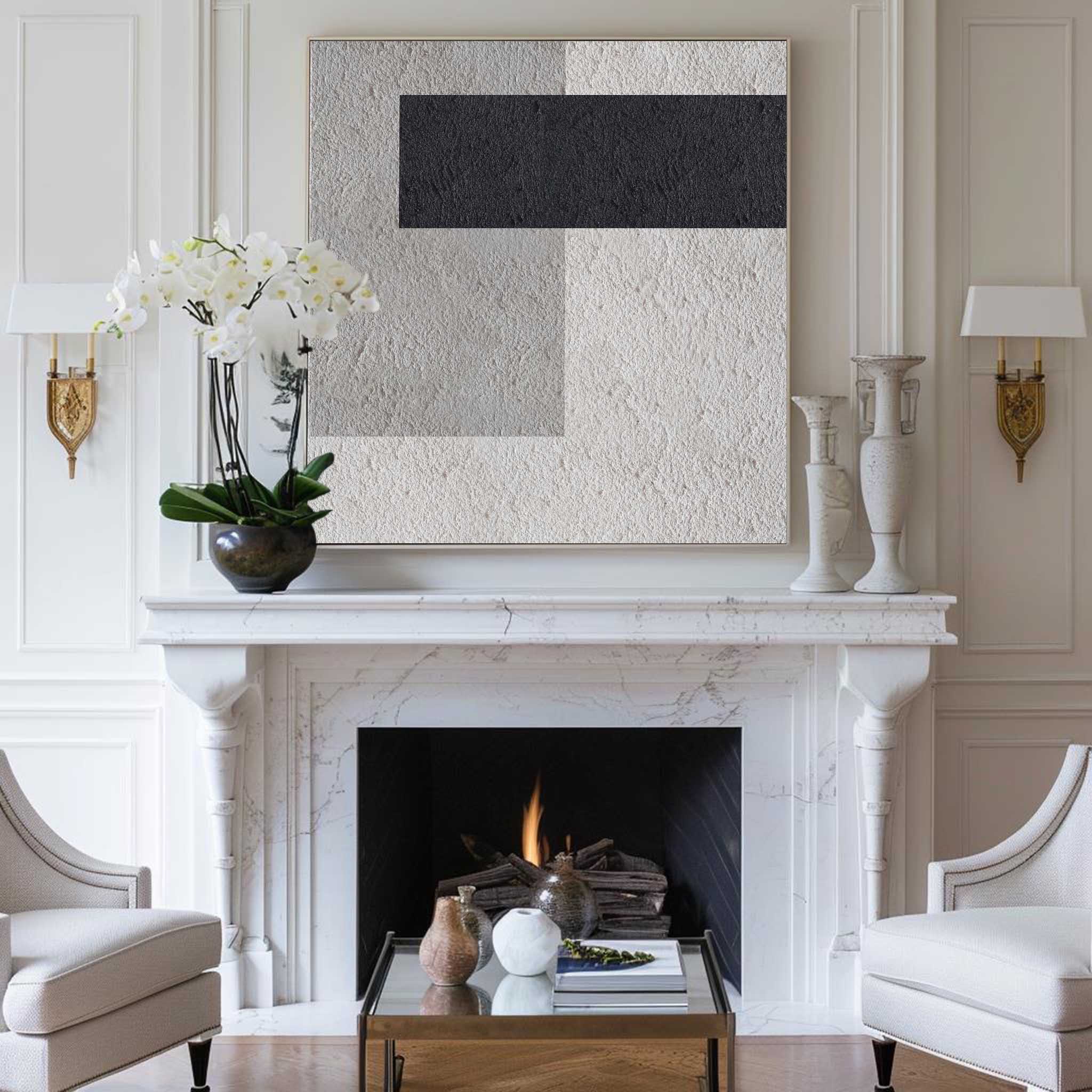 Black‑Grey‑Beige Square Geometric Block‑Segment Contrast‑Textured Artwork