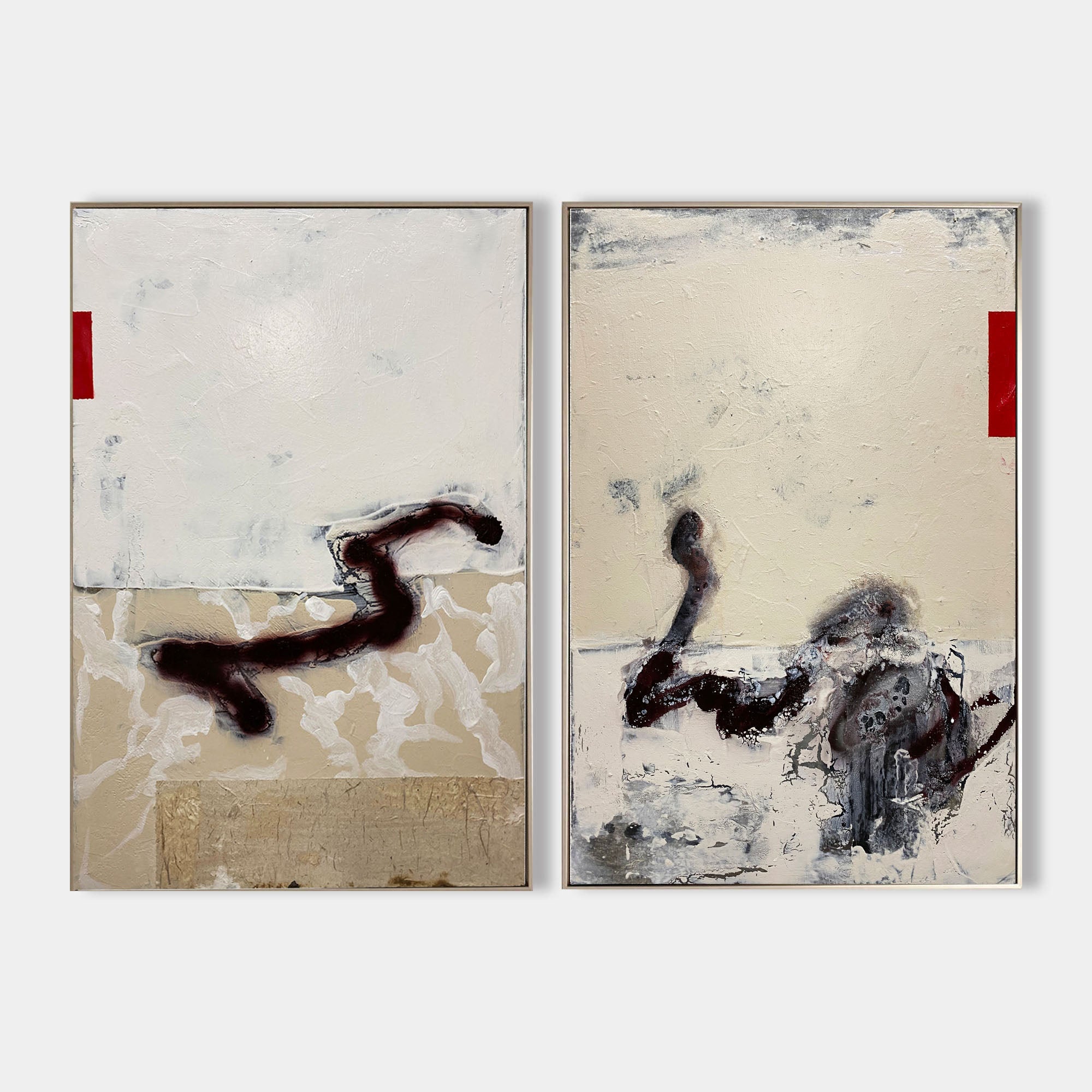 Minimalist Abstract Beige Black Red Diptych