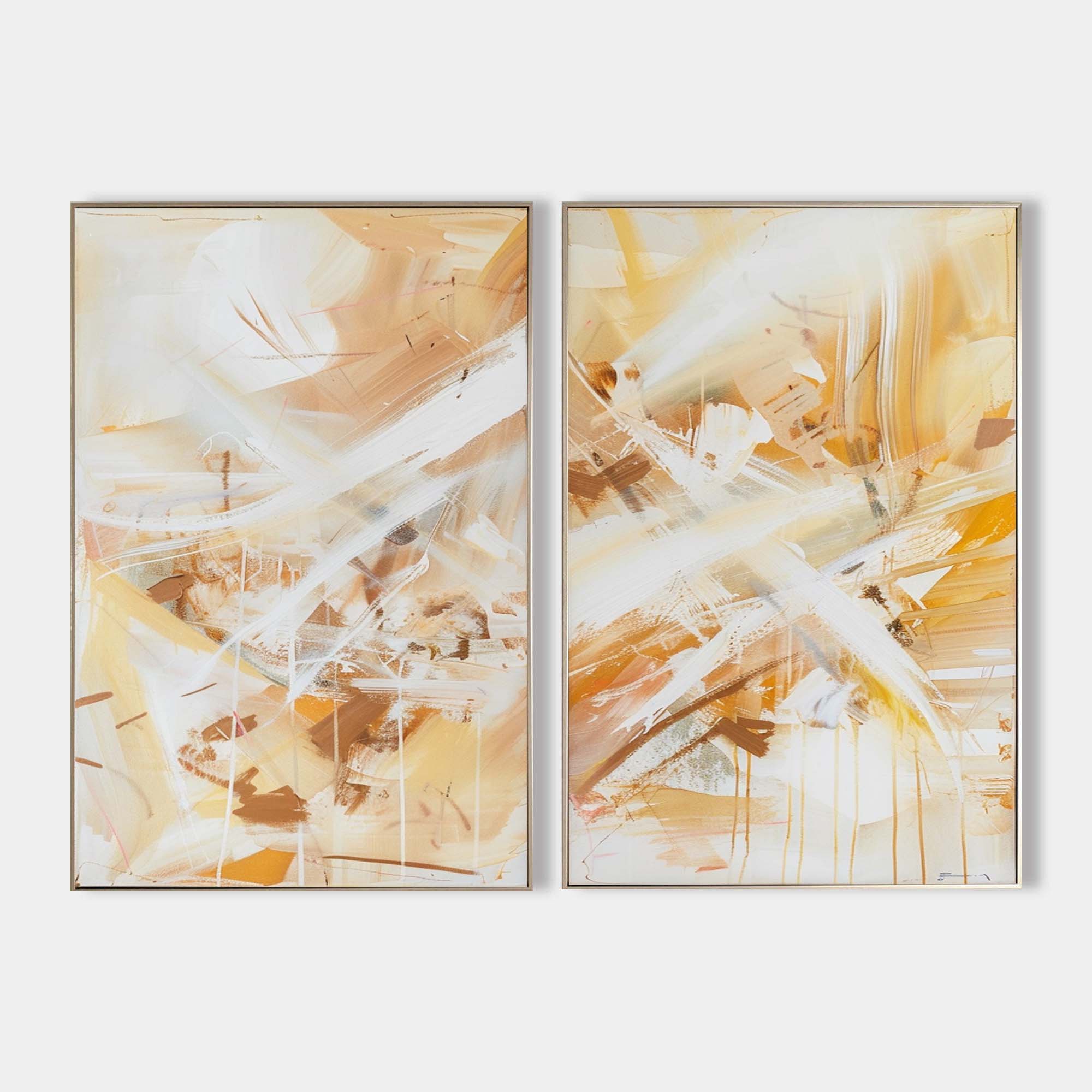 Warm Ochre Brushstroke Diptych Canvas Set