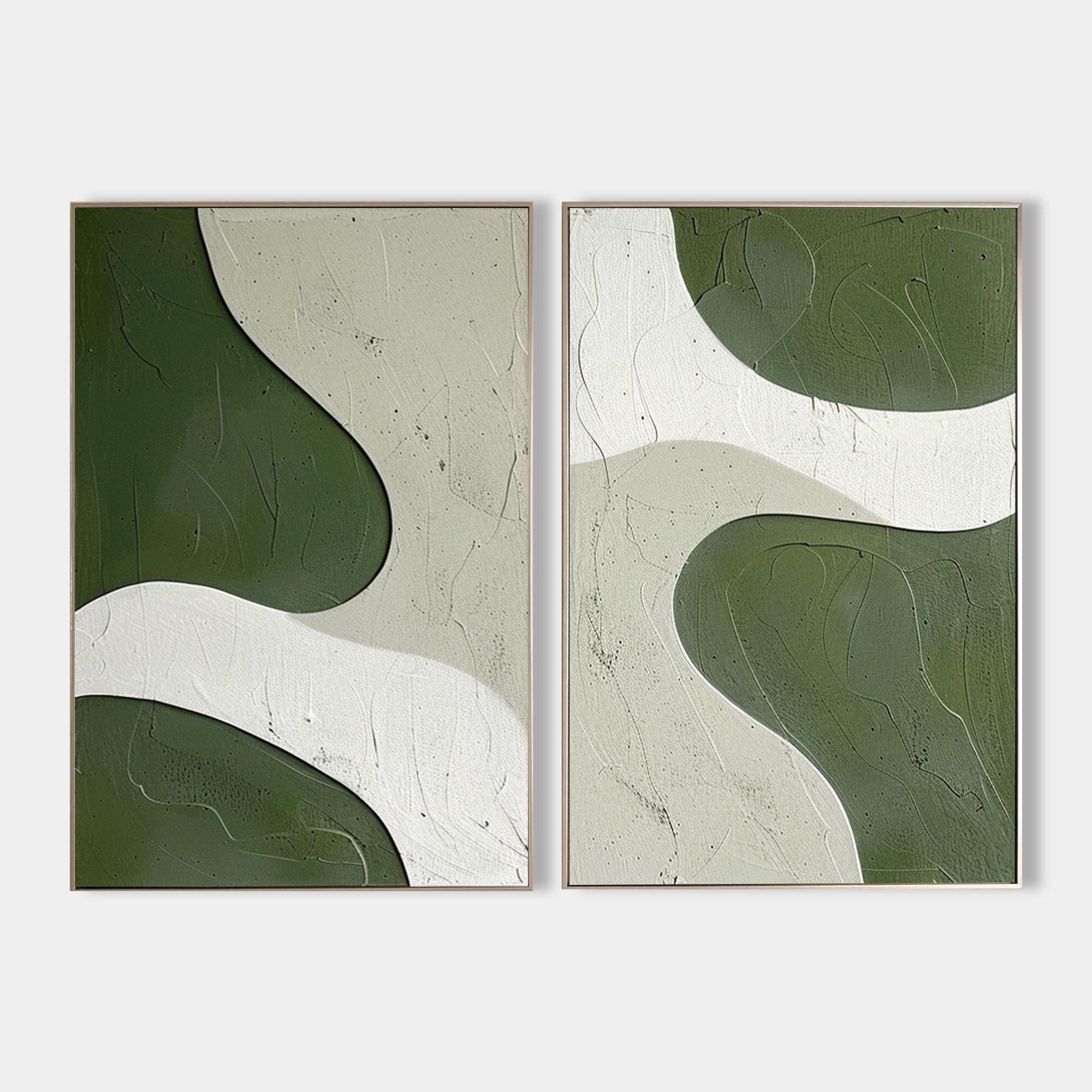 Two‑Panel Green‑White Curved Shape Abstract  Tactile Impasto Textured Artwork