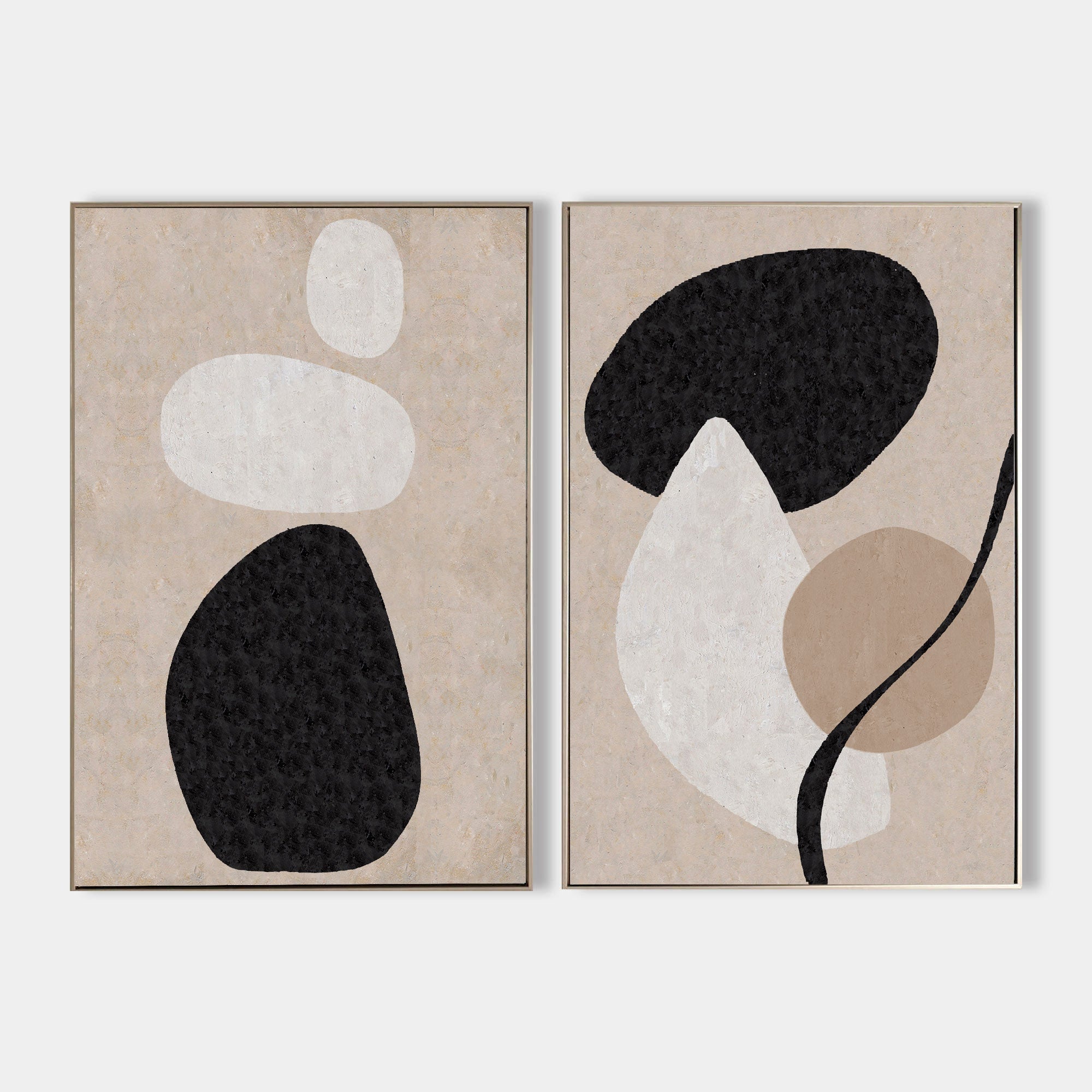 Beige Black Organic Shape Abstract Diptych