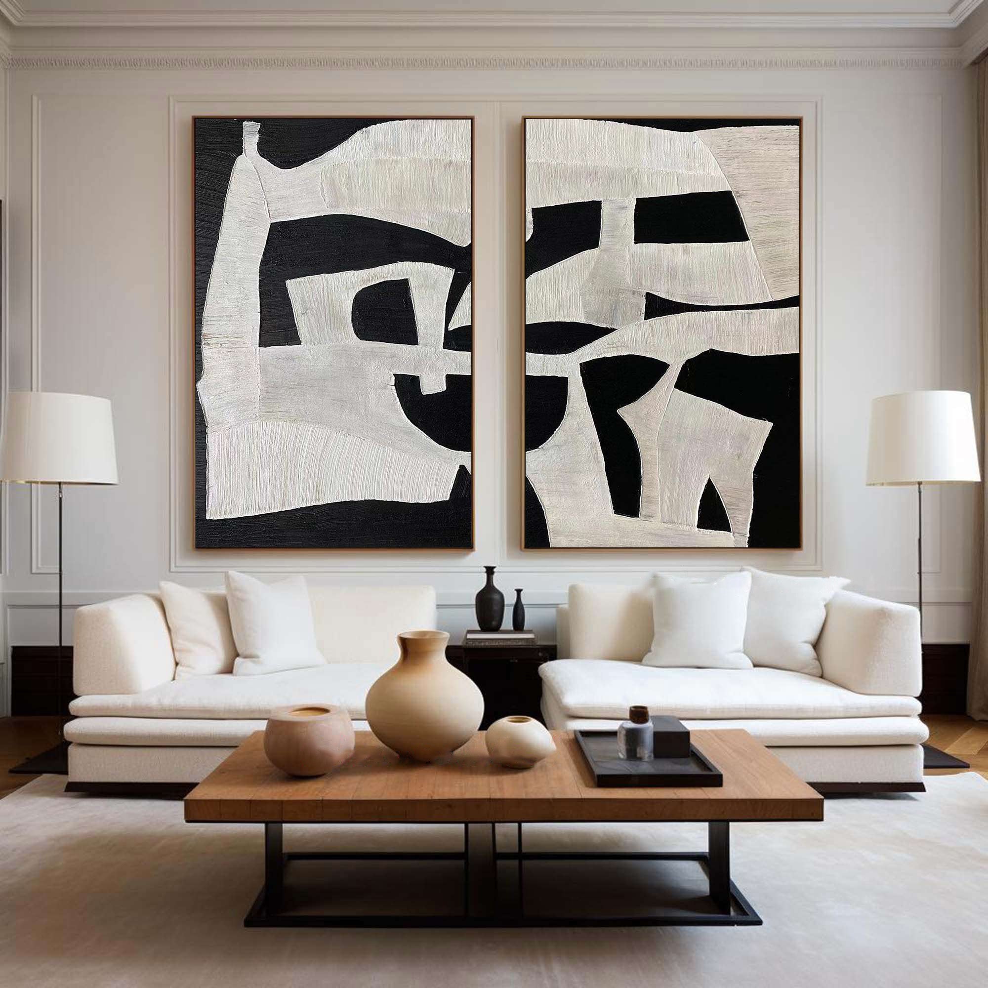 Wall Art Black White Abstract Minimalist Textured Diptych Living Room | Neutralighting