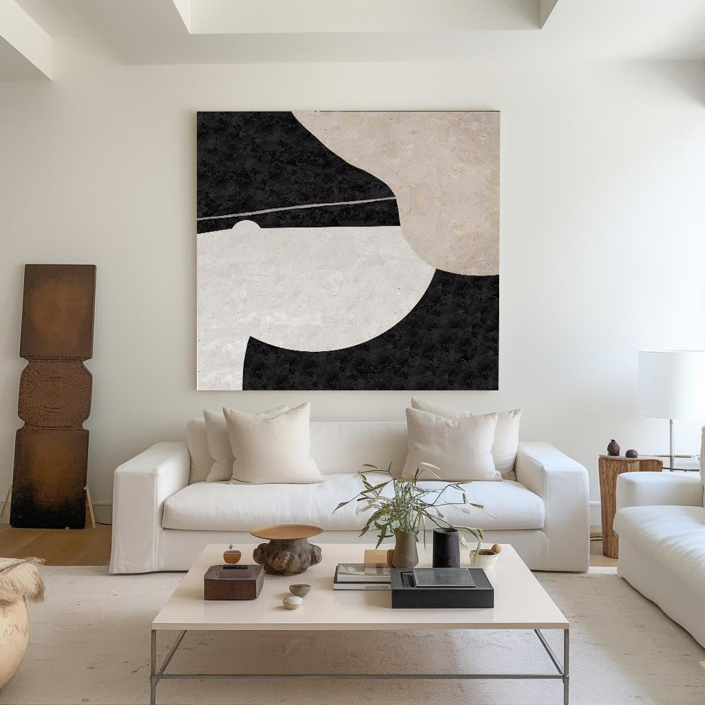 Black‑Beige Square Minimalist Geometric Shape Textured Artwork