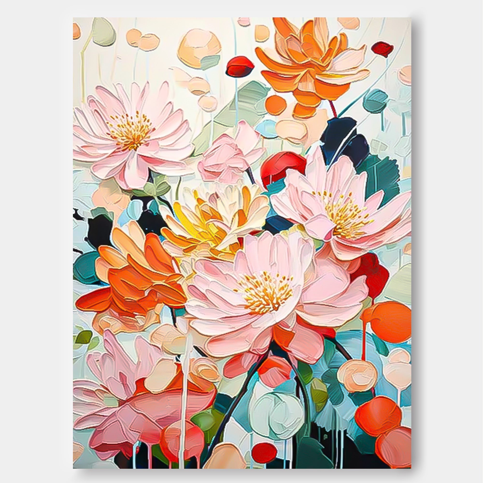 Vibrant Pink Orange Lotus Floral Impasto Canvas Wall Art