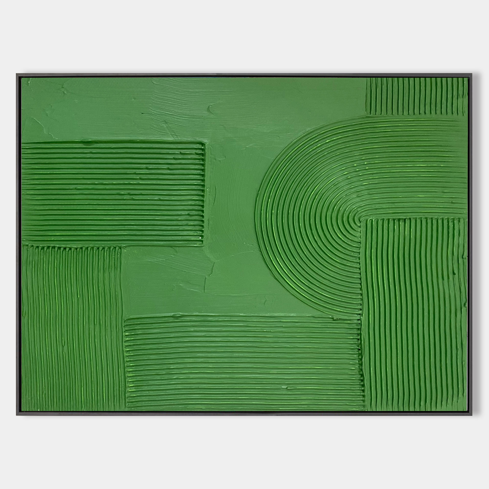 Solid‑Green Geometric Abstract  Ridged Heavy Textured Artwork