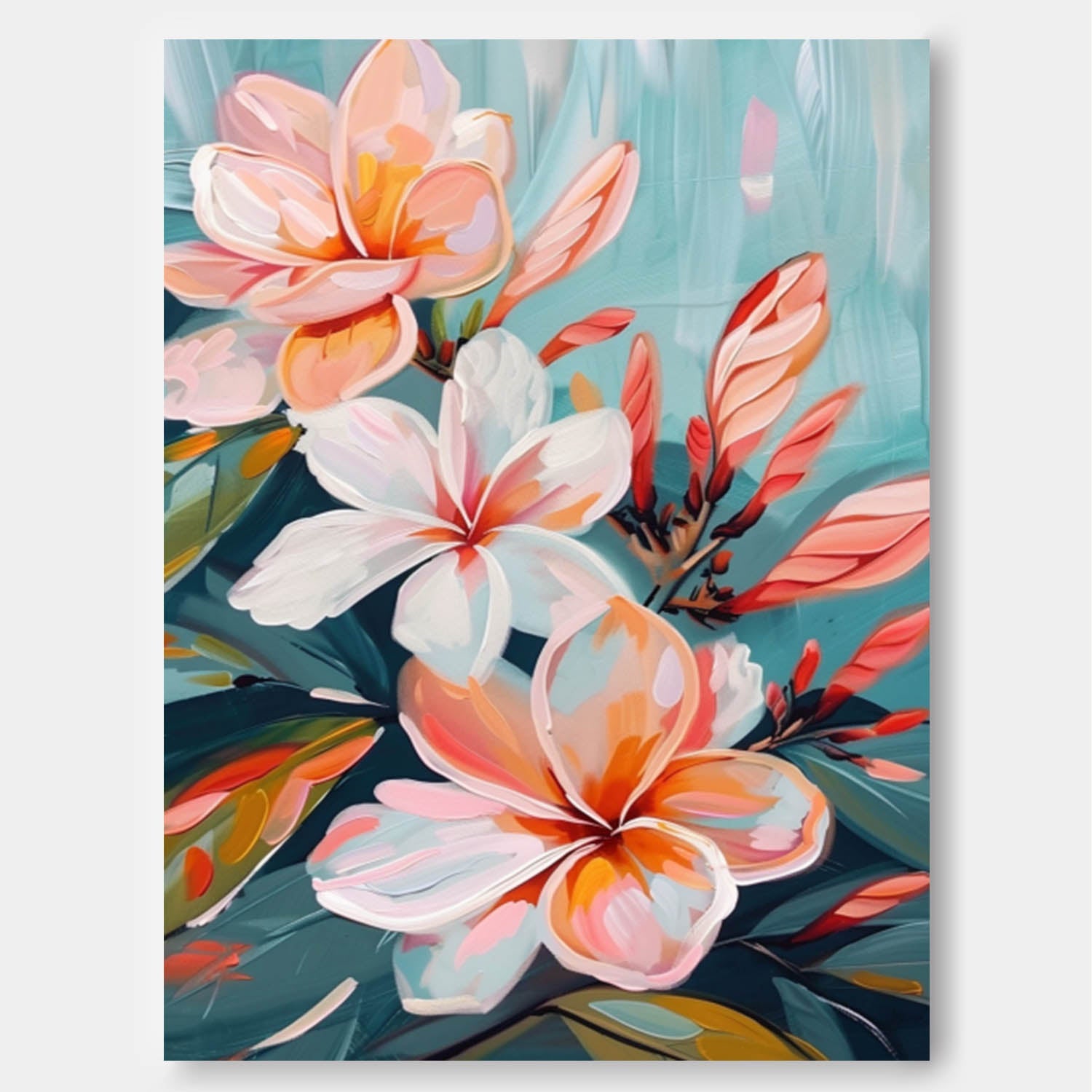 Tropical Plumeria Floral Oil Painting Soft Teal