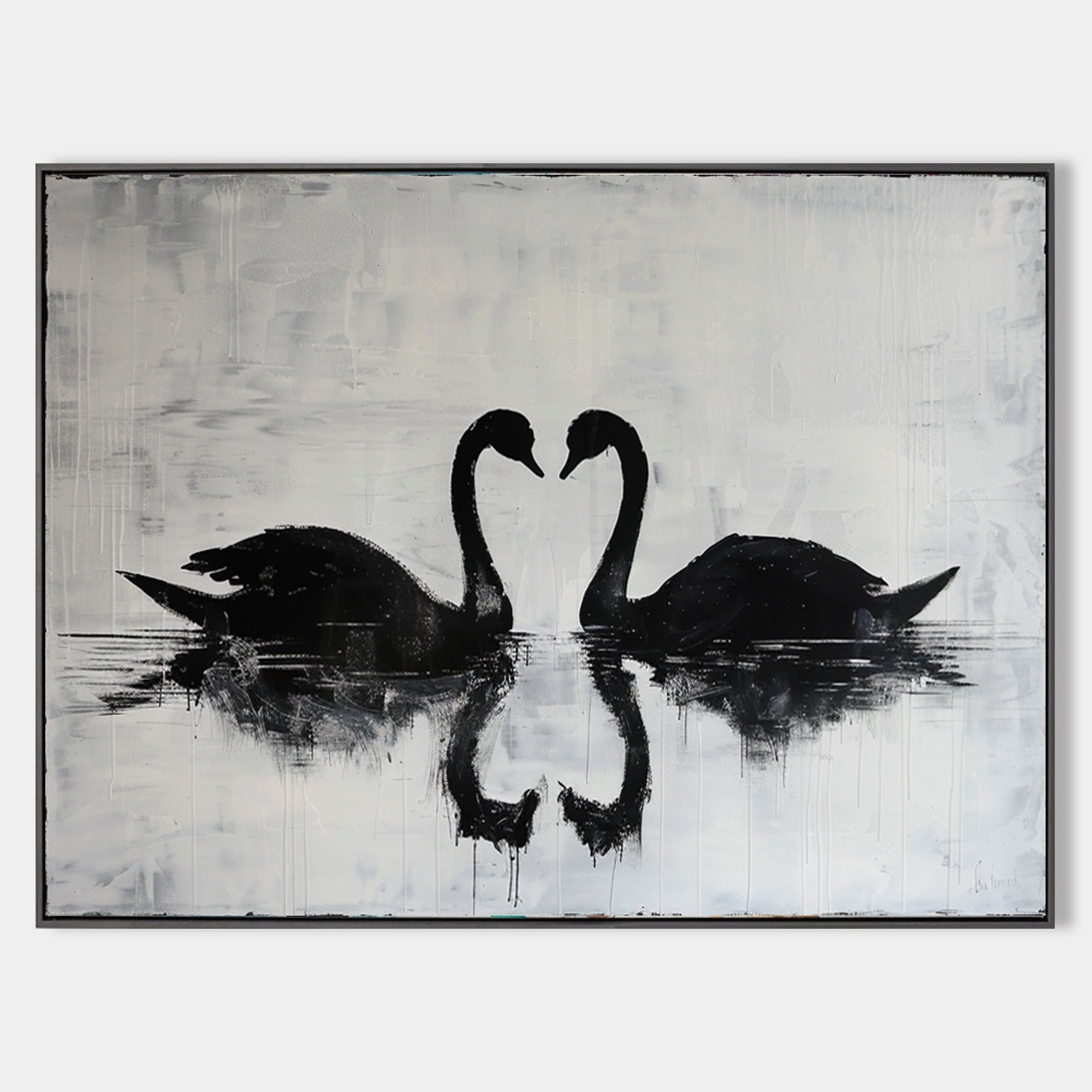 Monochrome Twin Swans  Reflection‑Theme Minimalist Abstract Brush‑Textured Artwork