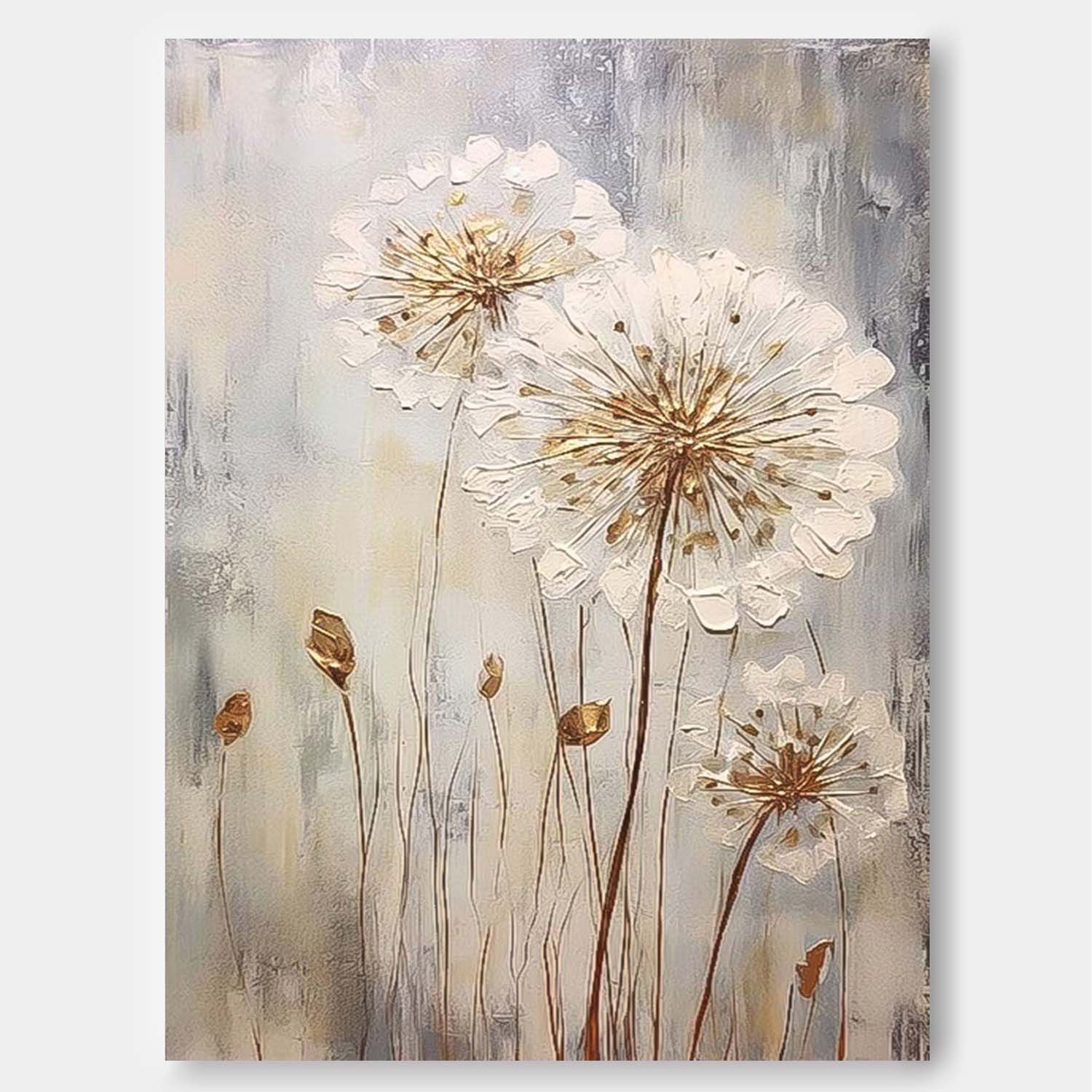 Wall Art Impasto White Golden Dandelion