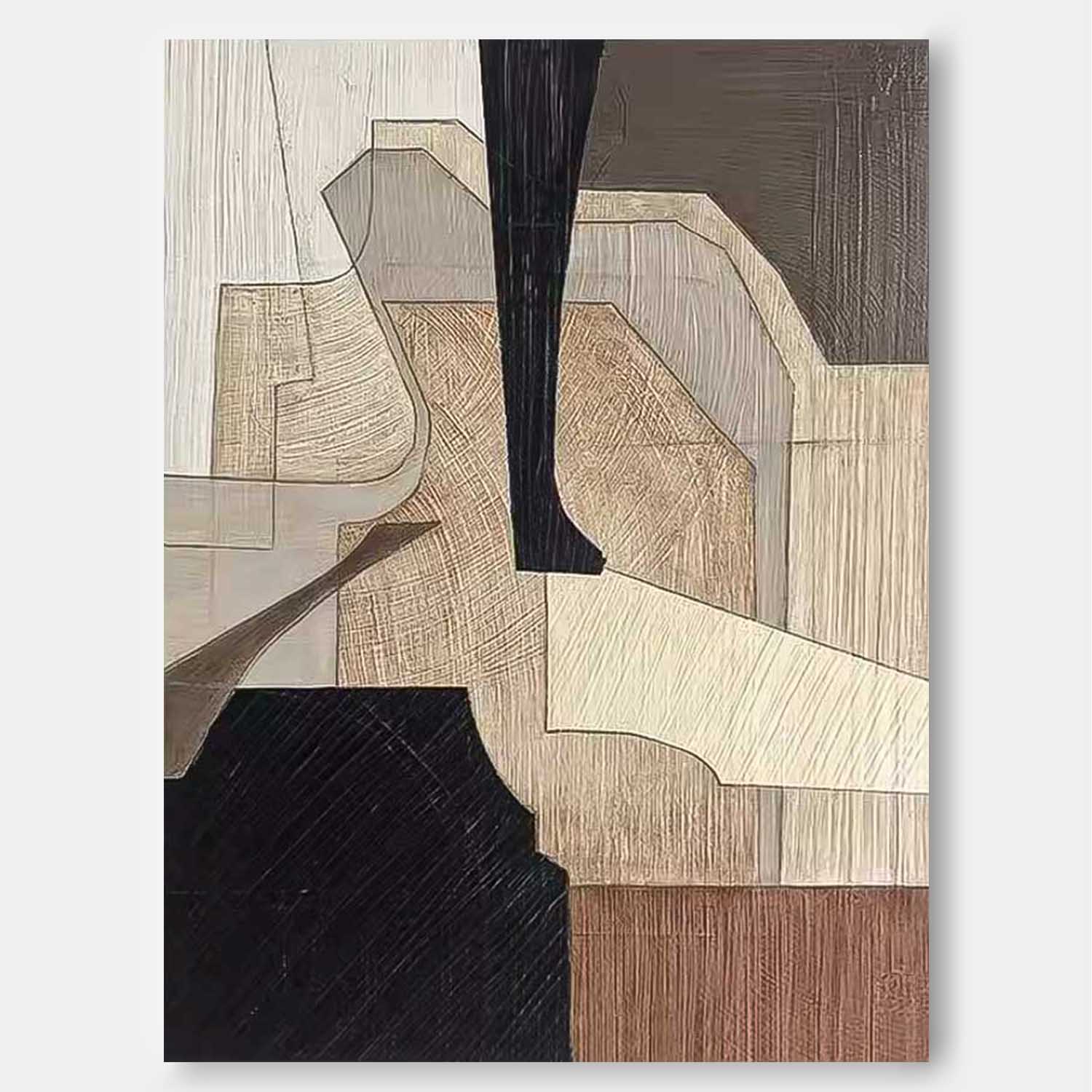 Neutral Brown Cubist Abstract Impasto Canvas Wall