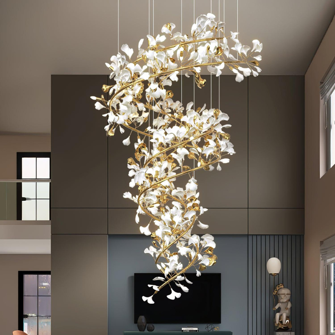 Olivia Modern Gold Staircase Chandelier, Metal & Ceramic - Neutralighting