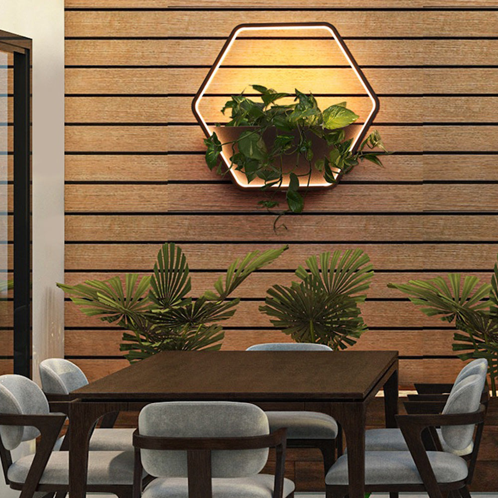 Ray Minimalist Hexagonal Ring With Shelf Metal Outdoor Wall Lamp, Black - Neutralighting