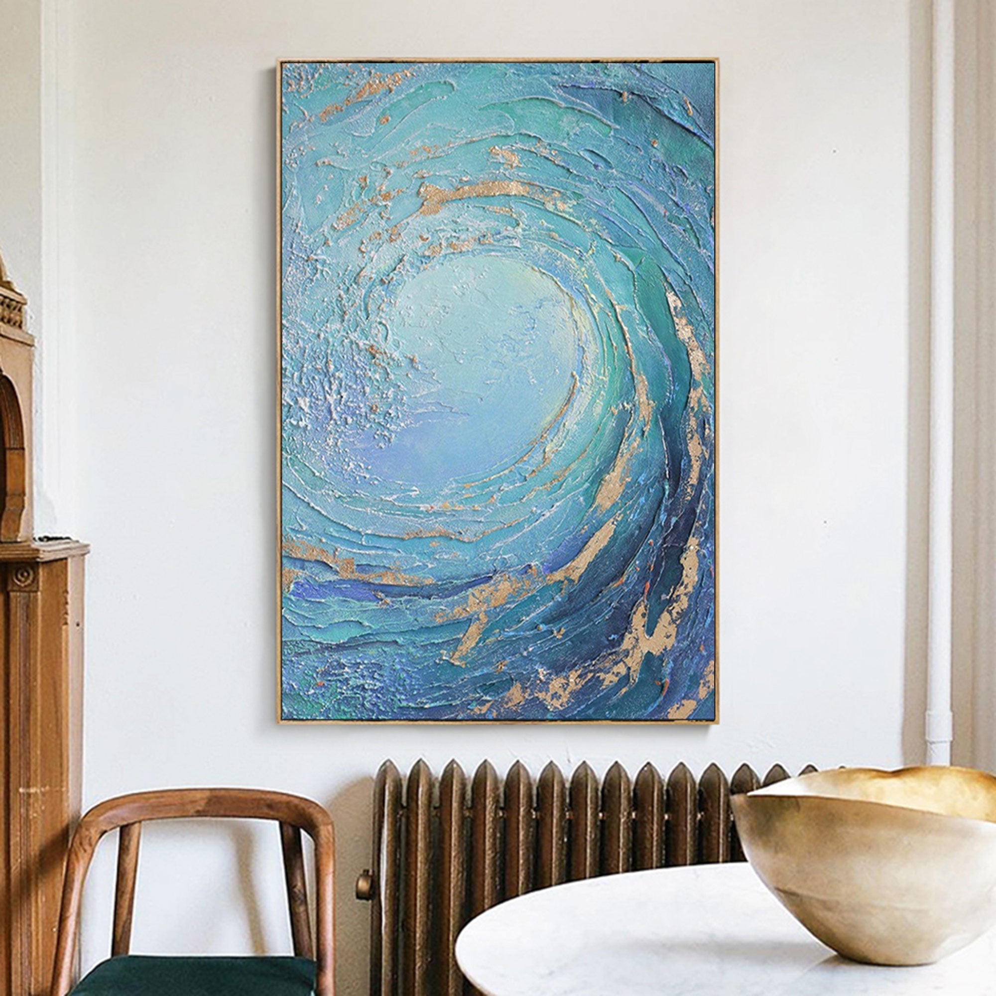 Ocean Wave Blue Gold Abstract Canvas Wall Art