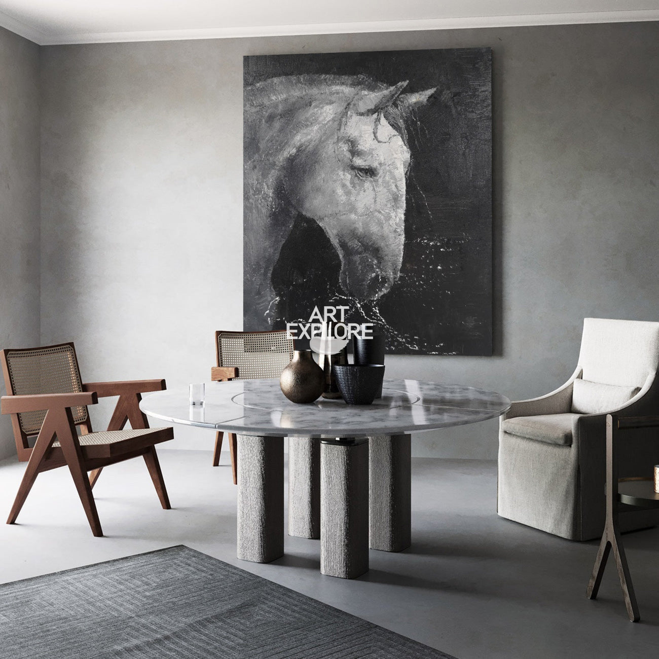 Black White Horse Portrait Canvas Wall Art