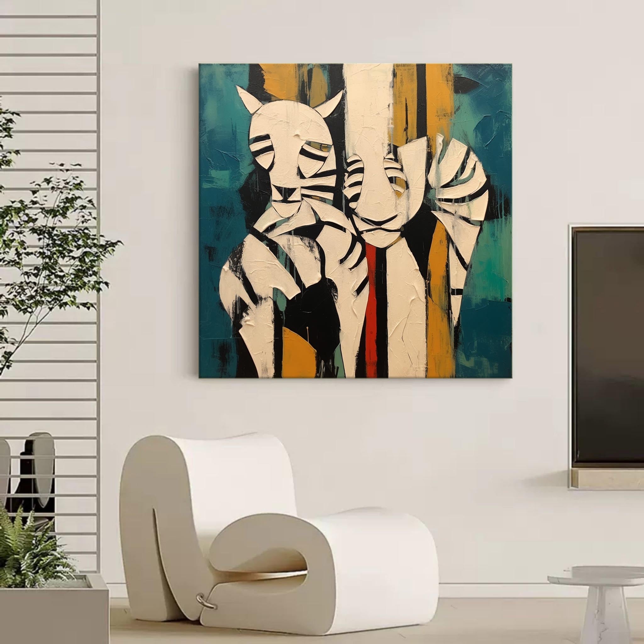 Wall Art Teal Yellow Abstract Tiger Plaster