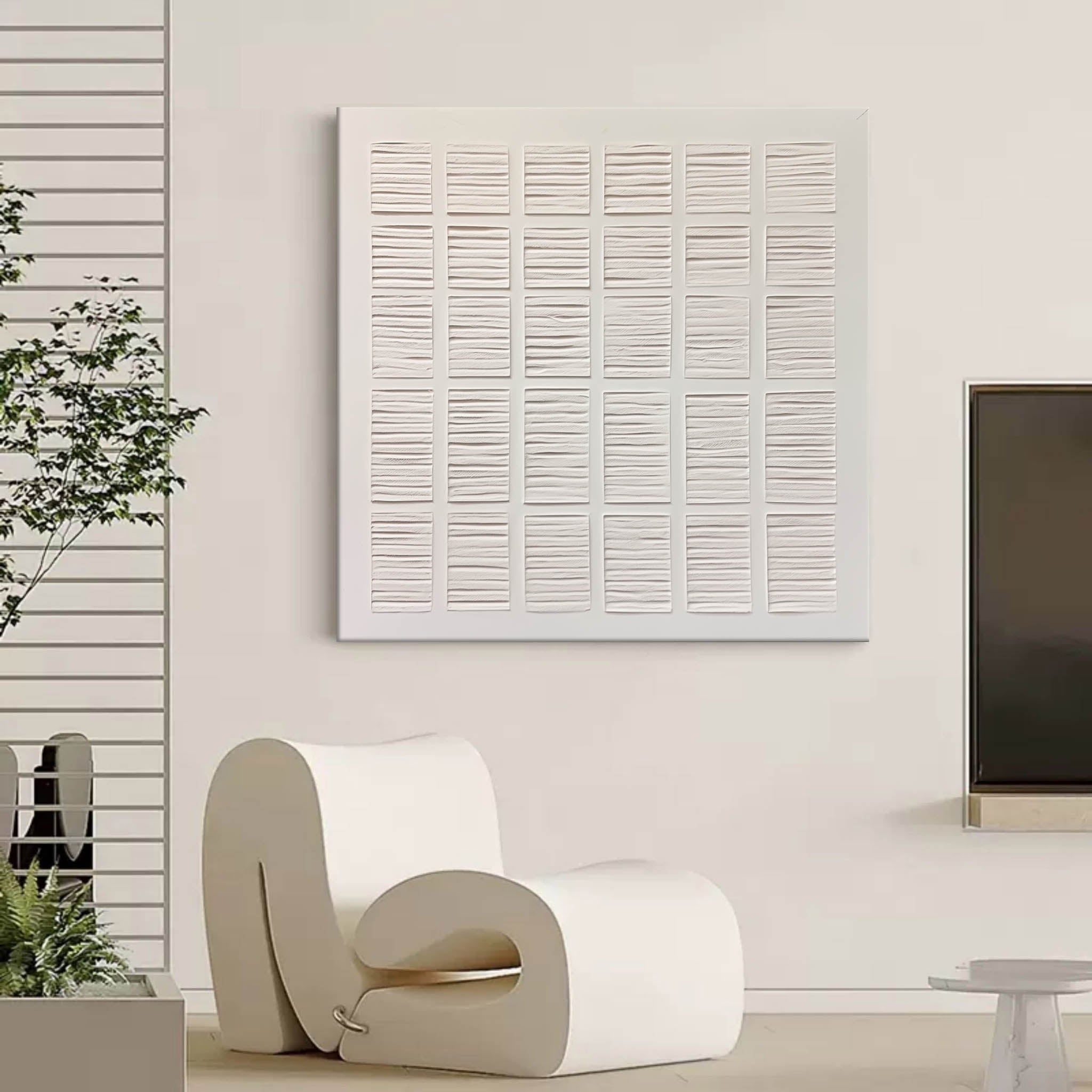 Wall Art White Grid 3D Relief Plaster Canvas Matte