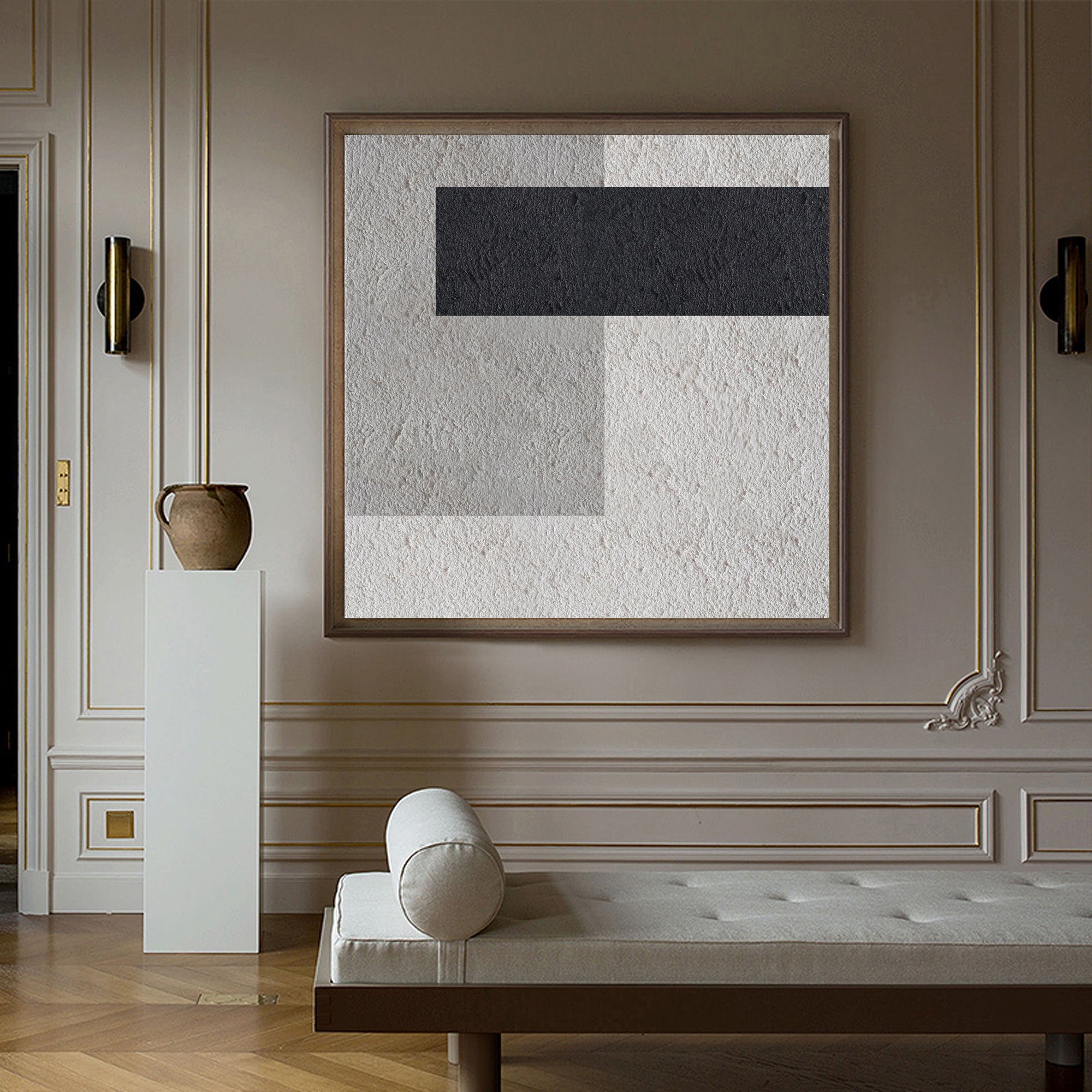 Black‑Grey‑Beige Square Geometric Block‑Segment Contrast‑Textured Artwork