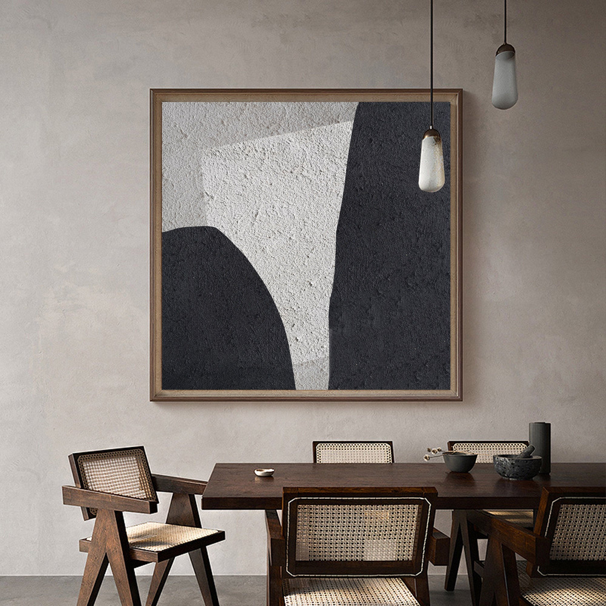 Black‑Off‑White Square Geometric Layered‑Curve Coarse‑Textured Artwork
