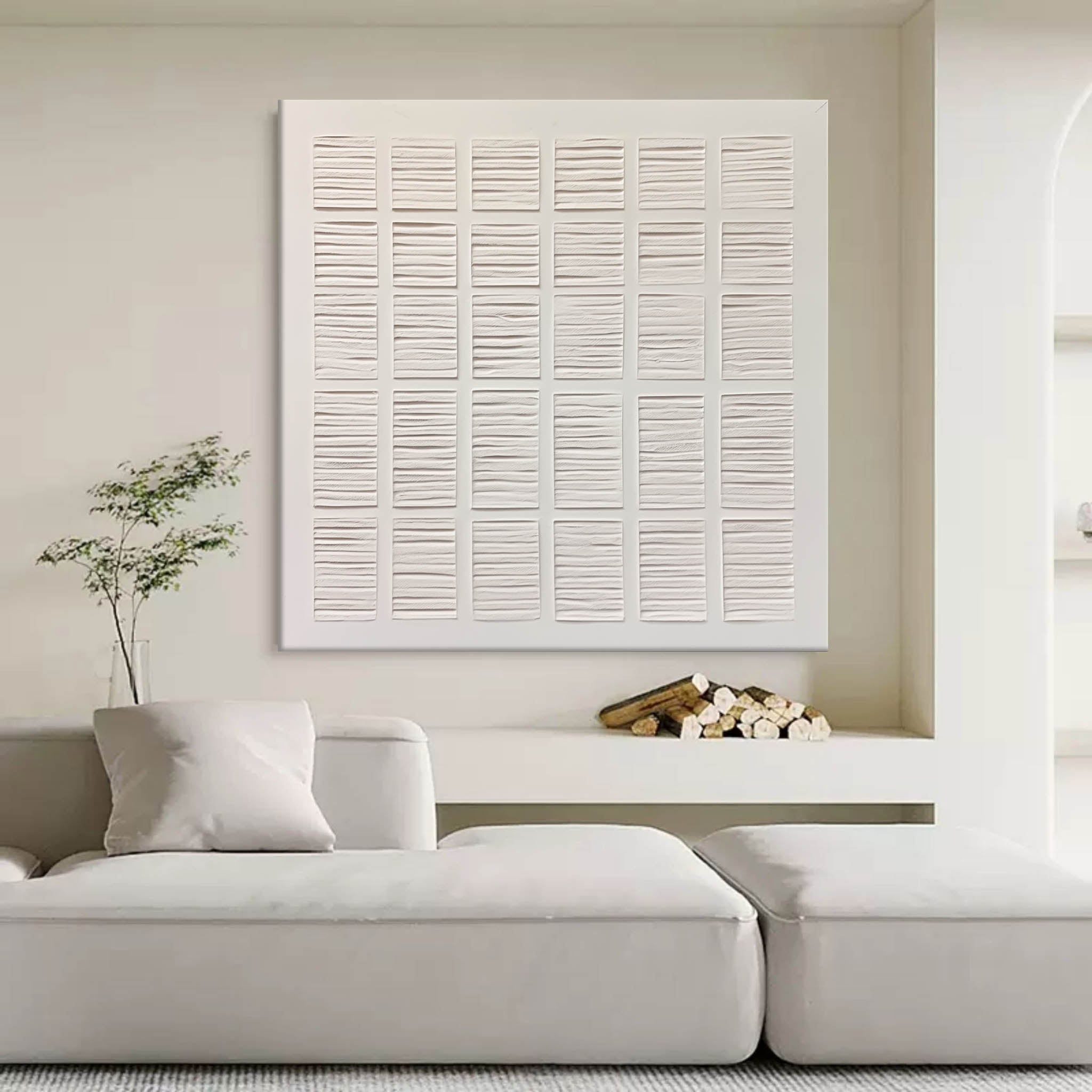 Wall Art White Grid 3D Relief Plaster Canvas Matte
