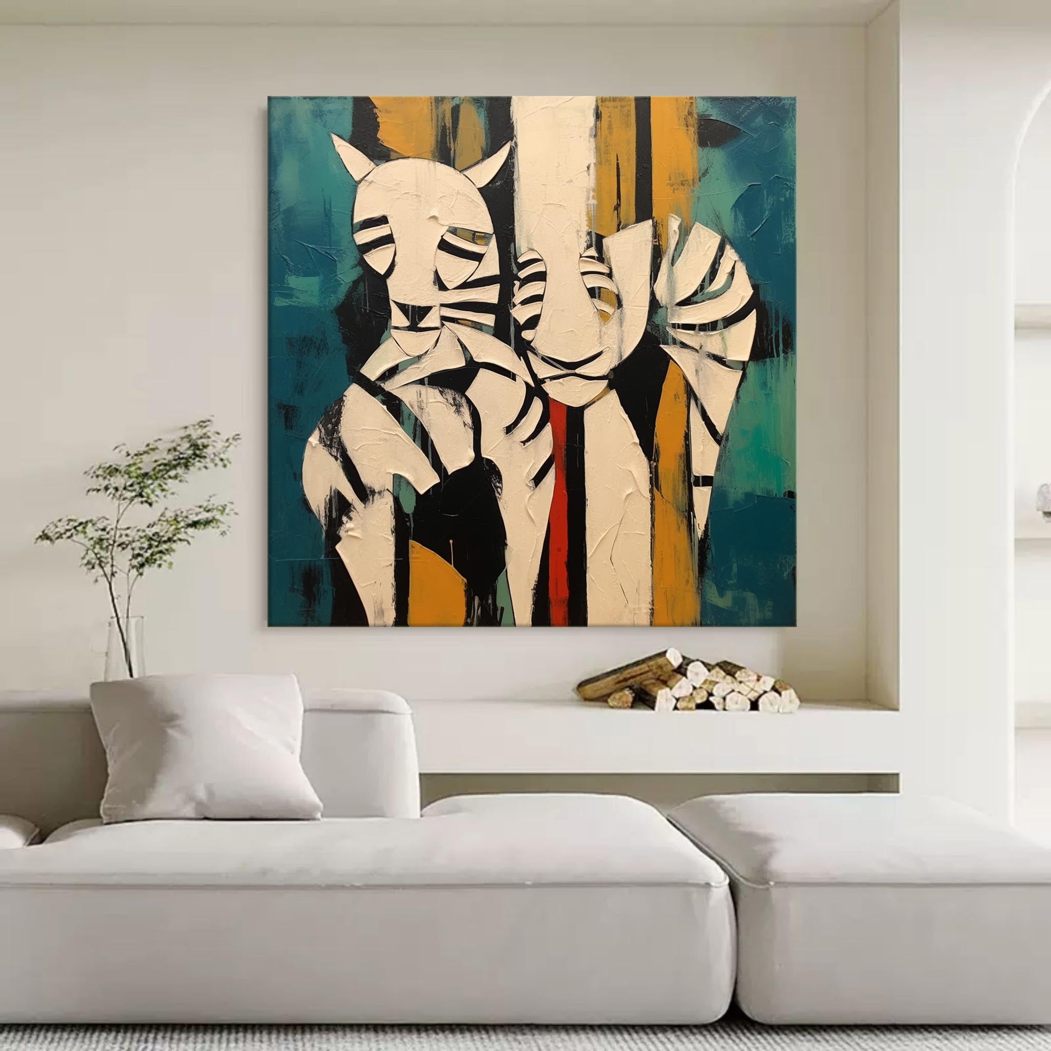 Wall Art Teal Yellow Abstract Tiger Plaster
