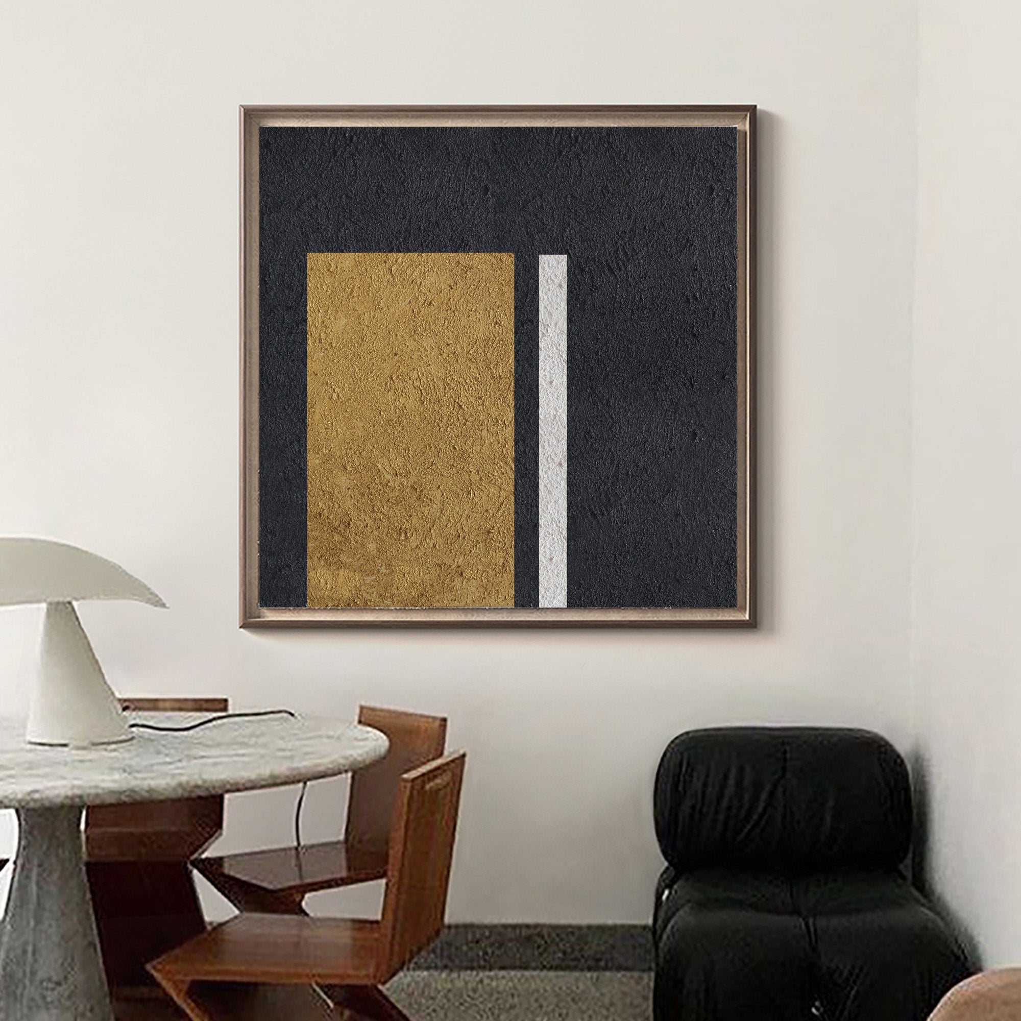 Black‑Gold‑White Square Stacked‑Rectangle Block Coarse‑Textured Artwork