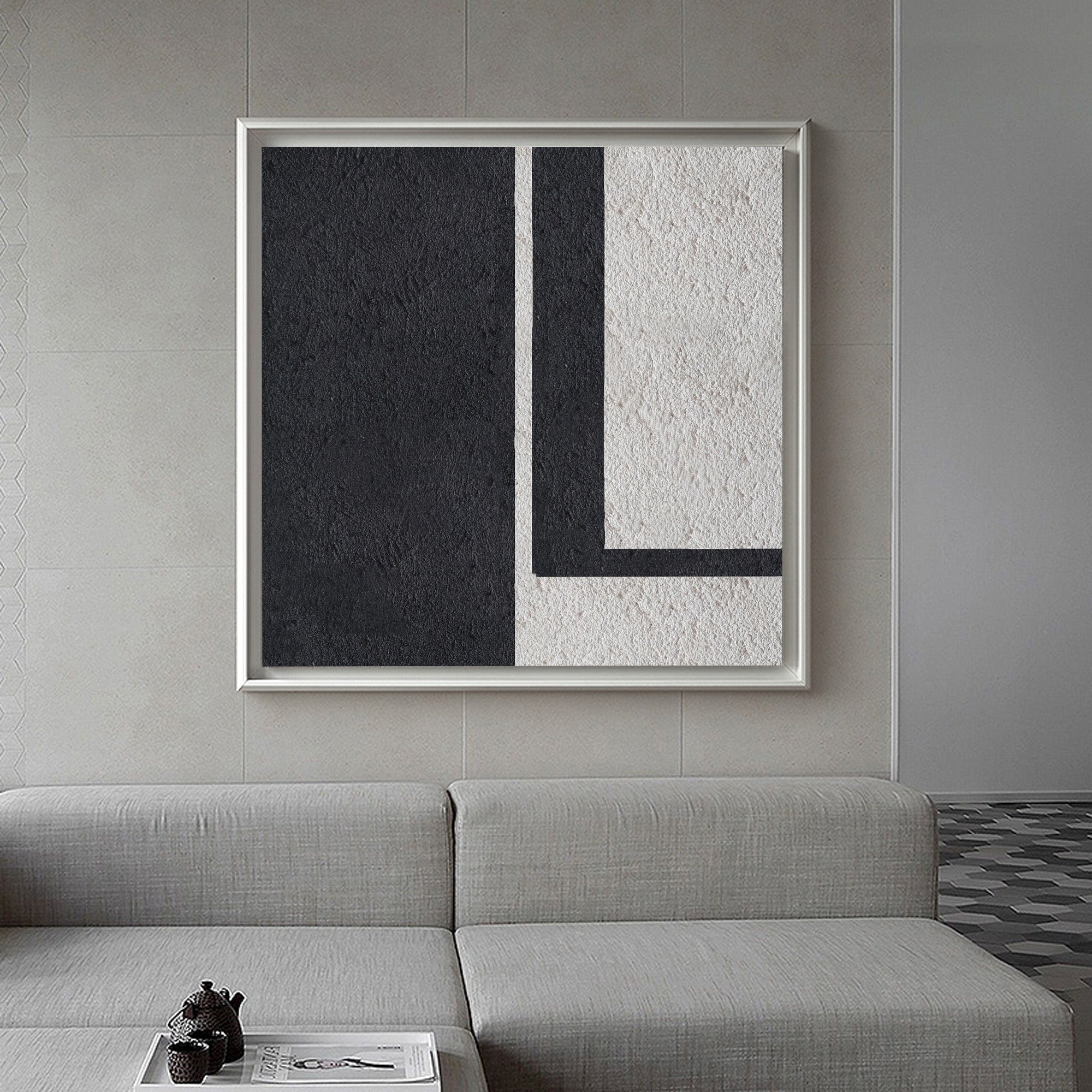 Black‑Off‑White Square Geometric L‑Shape Block Coarse‑Textured Artwork