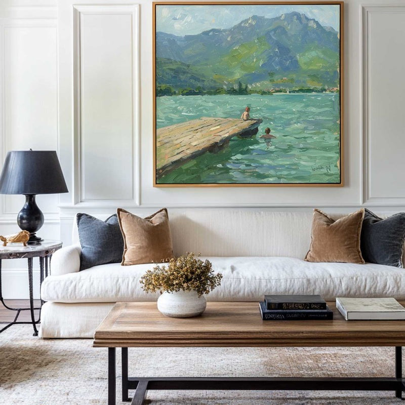 Wall Art Lake Dock Mountain Impressionist Textured Living Room | Neutralighting