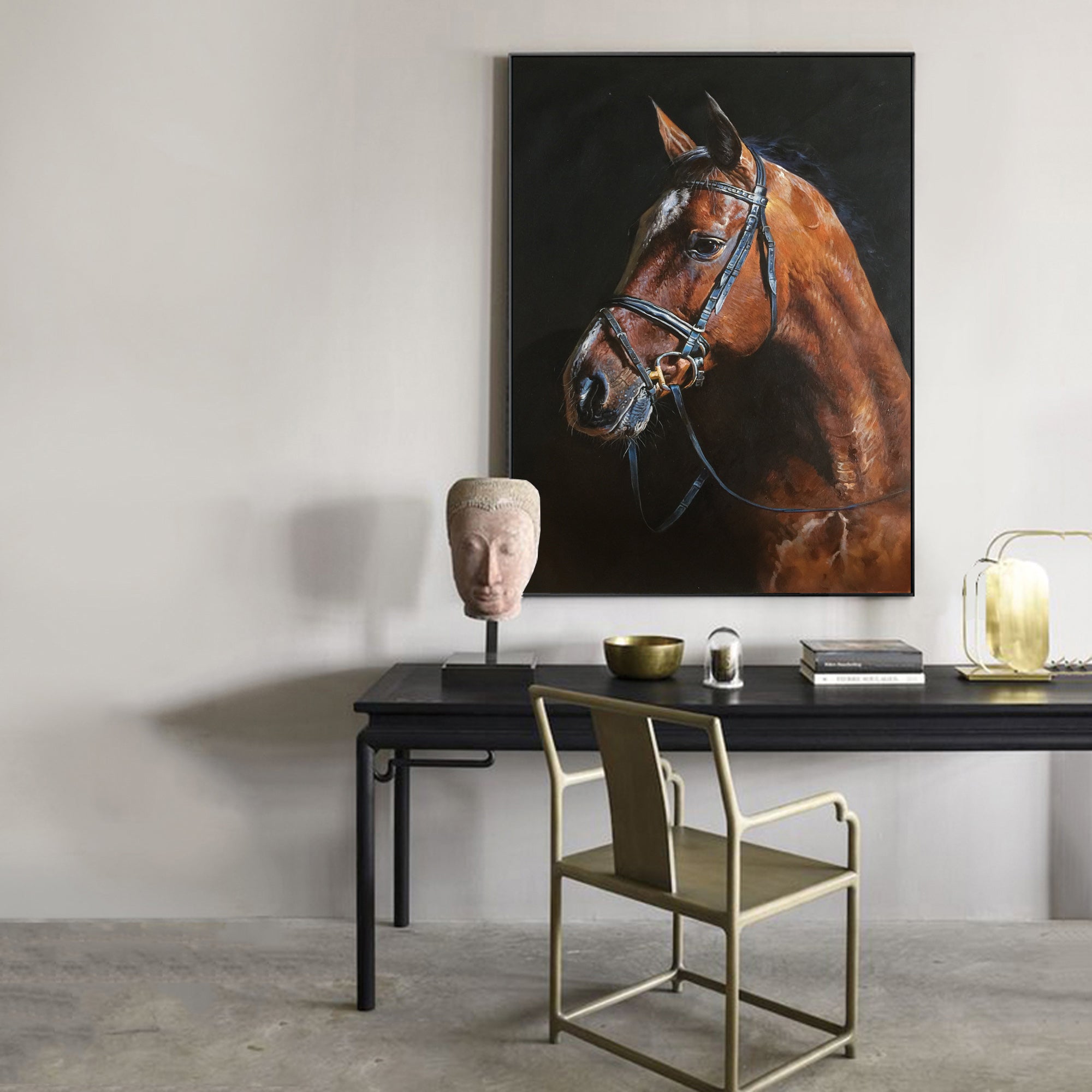 Chestnut‑Horse Vertical Dark‑Backdrop Realistic Equestrian Artwork