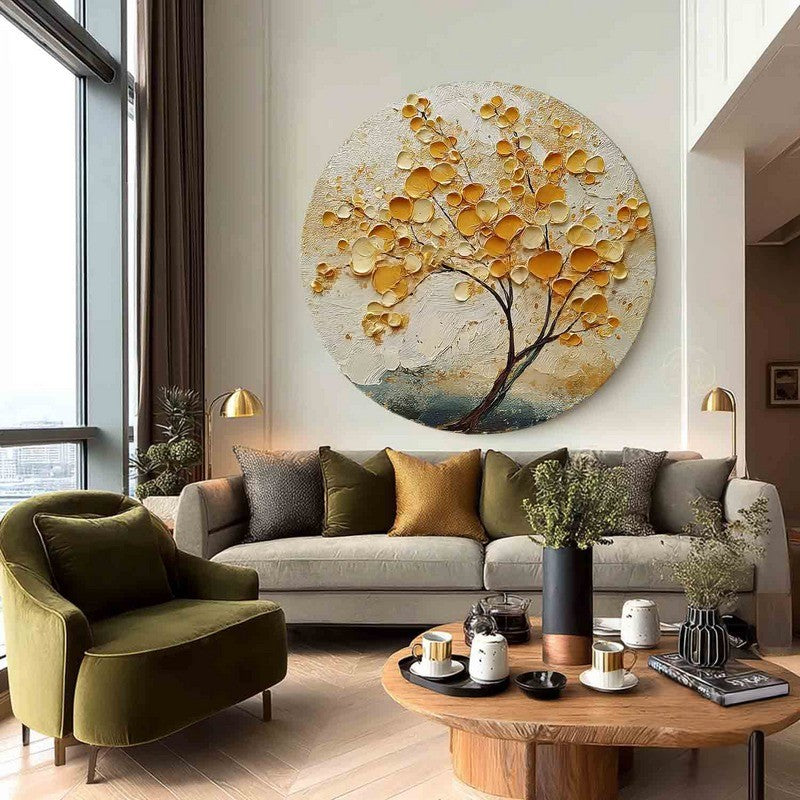 Wall Art Golden Leaf Tree Circular Amber Leaf