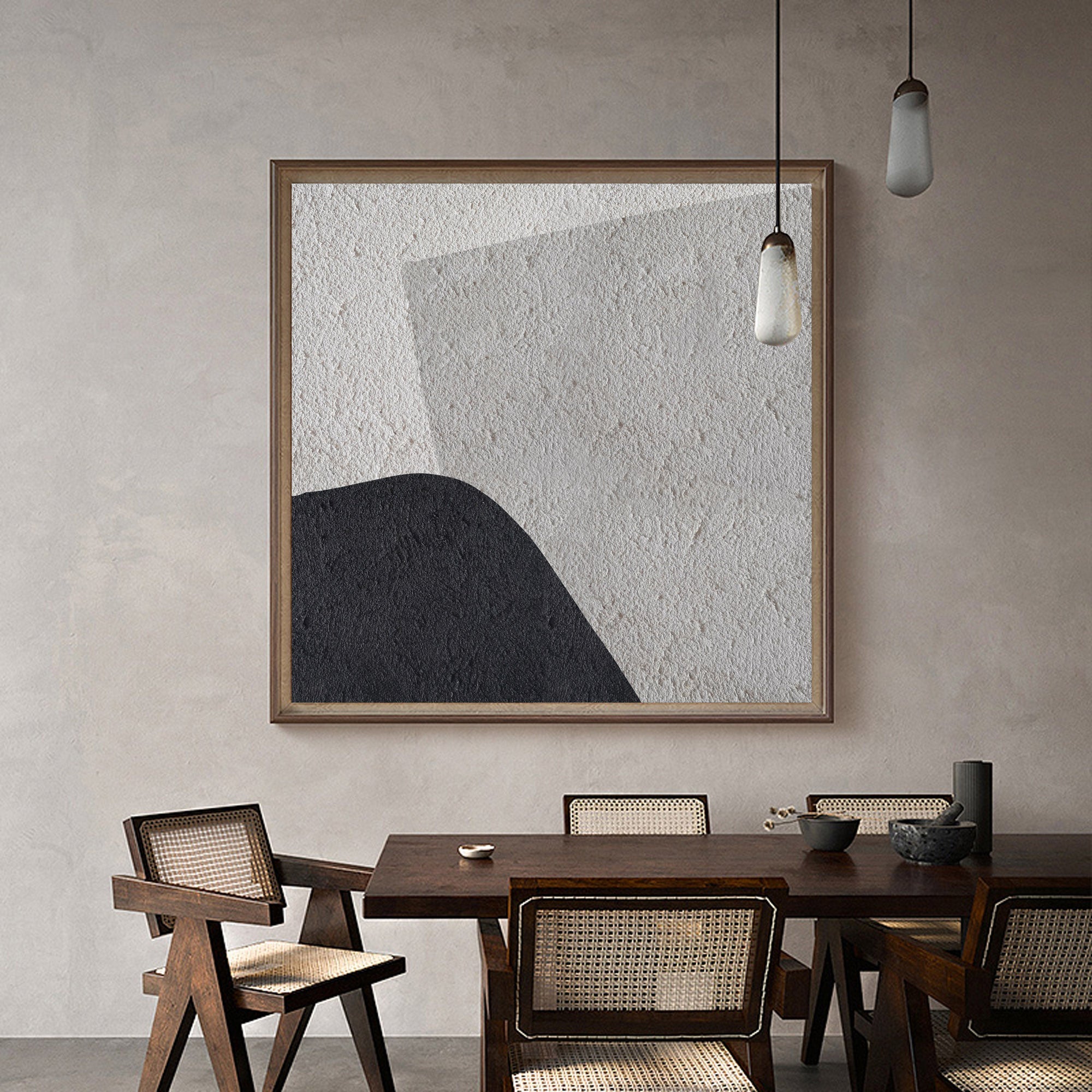 Grey‑Black‑Beige Square Abstract Curved‑Shape Coarse‑Textured Artwork